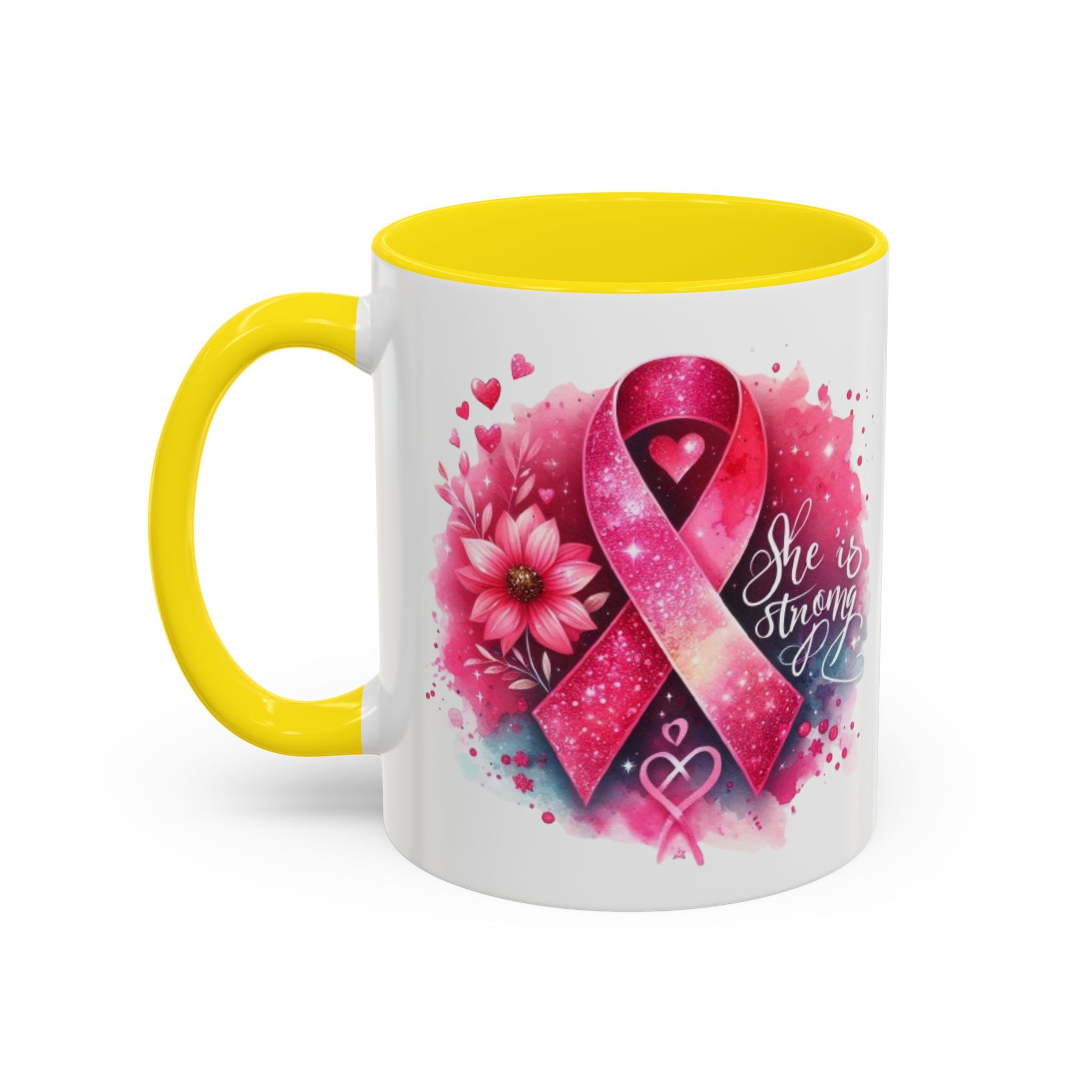 Breast Cancer Awareness Coffee Mug - Inspirational Gift, Motivational Drinkware, Supportive Cup, Pink Ribbon Design, She Is Strong