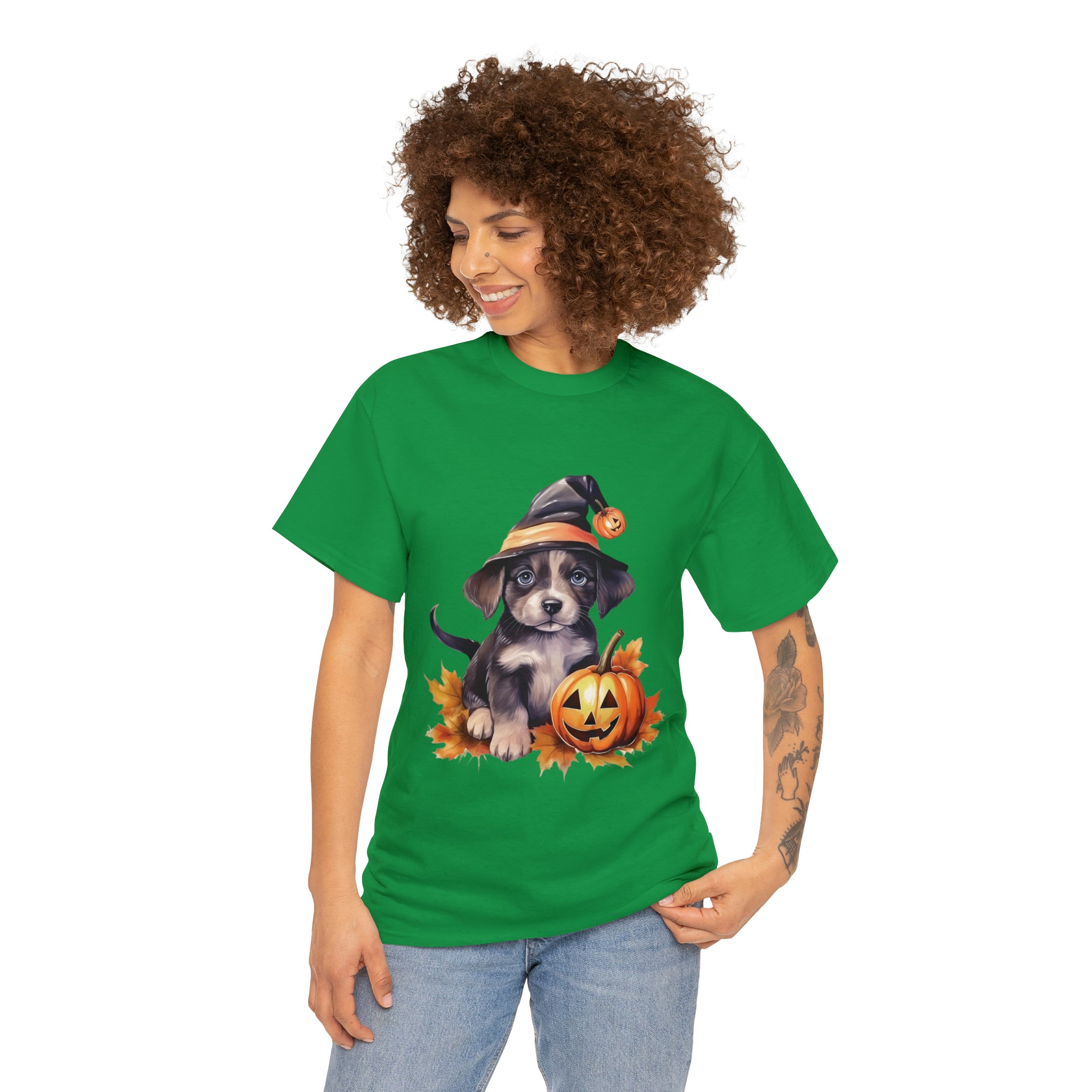 halloween t shirt puppy in witch hat cute gift for her stocking stuffer fall fun item for whole family Unisex Heavy Cotton Tee