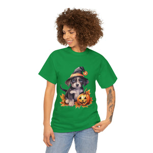 halloween t shirt puppy in witch hat cute gift for her stocking stuffer fall fun item for whole family Unisex Heavy Cotton Tee