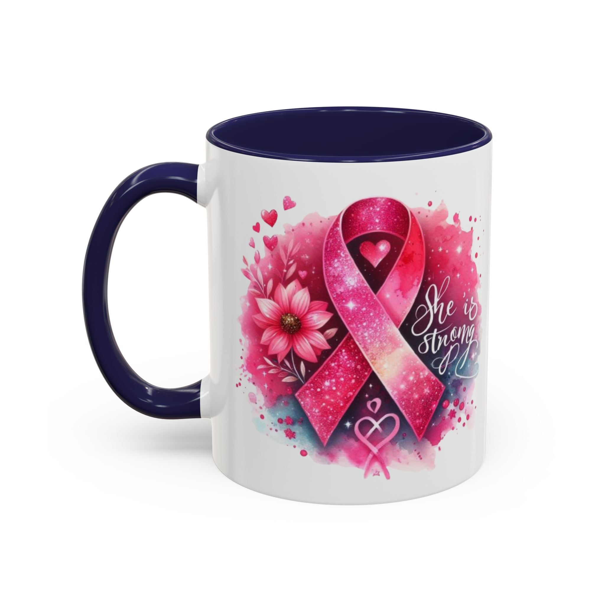 Breast Cancer Awareness Coffee Mug - Inspirational Gift, Motivational Drinkware, Supportive Cup, Pink Ribbon Design, She Is Strong