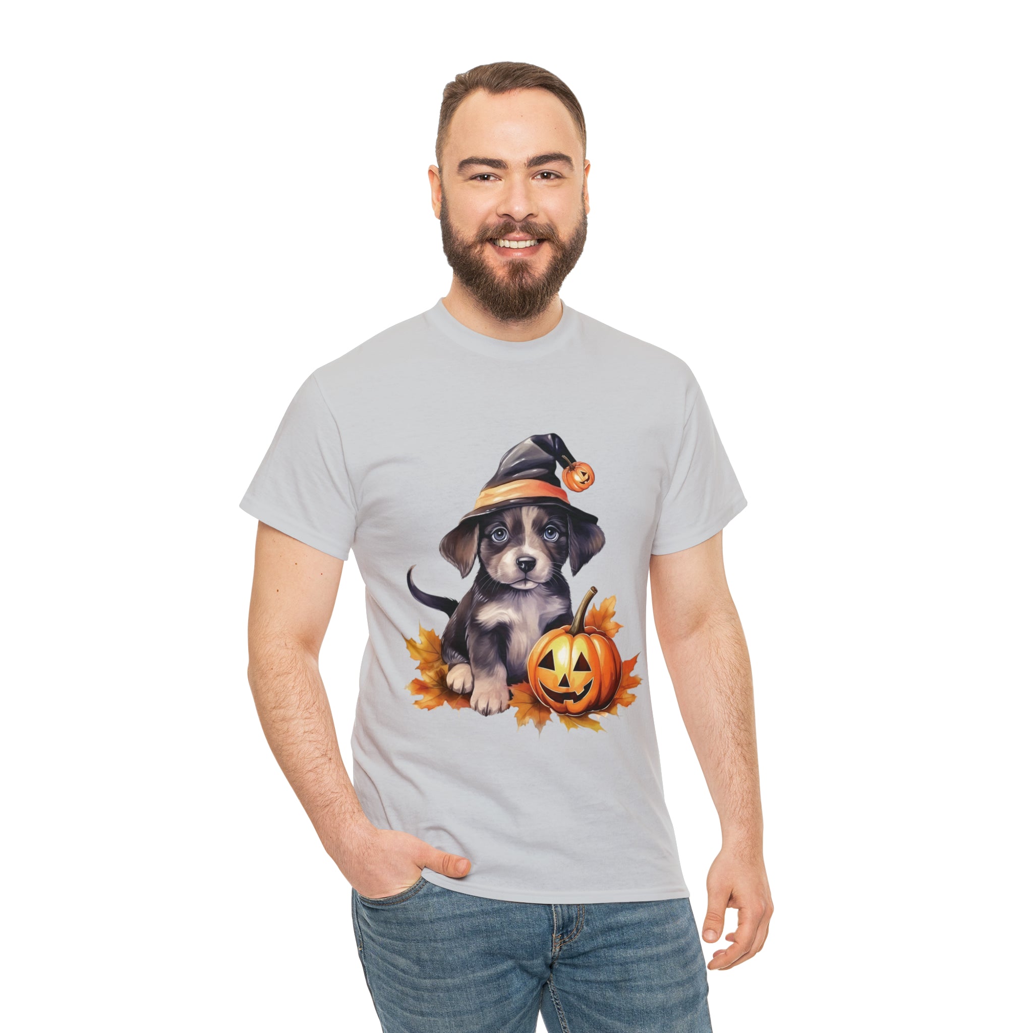 halloween t shirt puppy in witch hat cute gift for her stocking stuffer fall fun item for whole family Unisex Heavy Cotton Tee