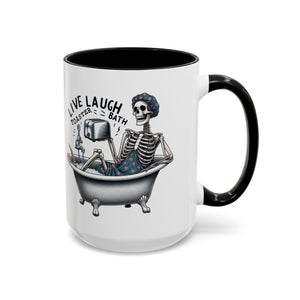 Skeleton Bath Time Coffee Mug, Live Laugh Roast & Relax Skeleton Mug, Funny Gift for Halloween, Quirky Kitchen Decor, Unique Coffee Cup