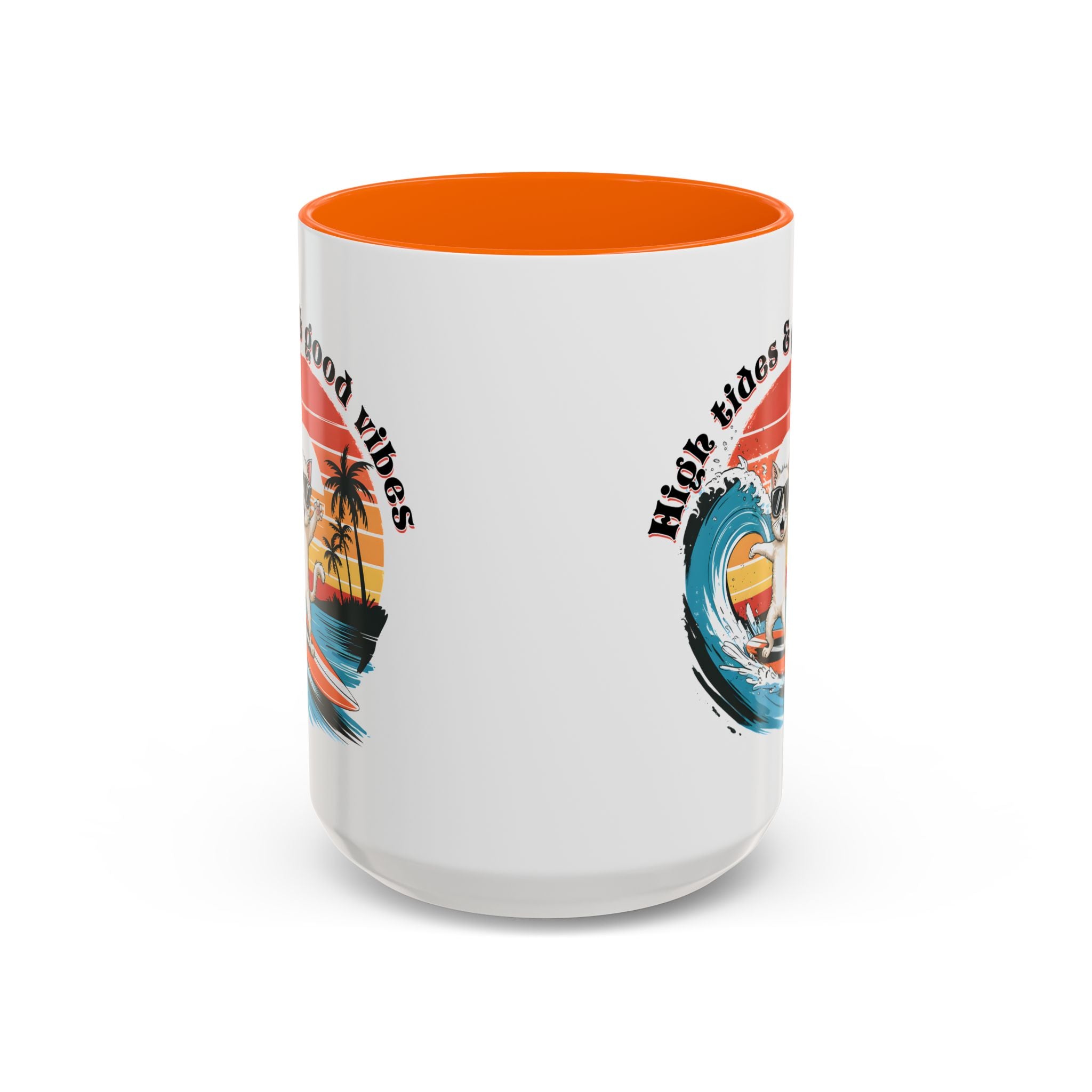 Surfing Cat Coffee Mug - High Tides & Good Vibes - Beach Lover Gift animal lover funny