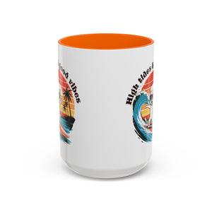 Surfing Cat Coffee Mug - High Tides & Good Vibes - Beach Lover Gift animal lover funny