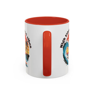 Surfing Cat Coffee Mug - High Tides & Good Vibes - Beach Lover Gift animal lover funny