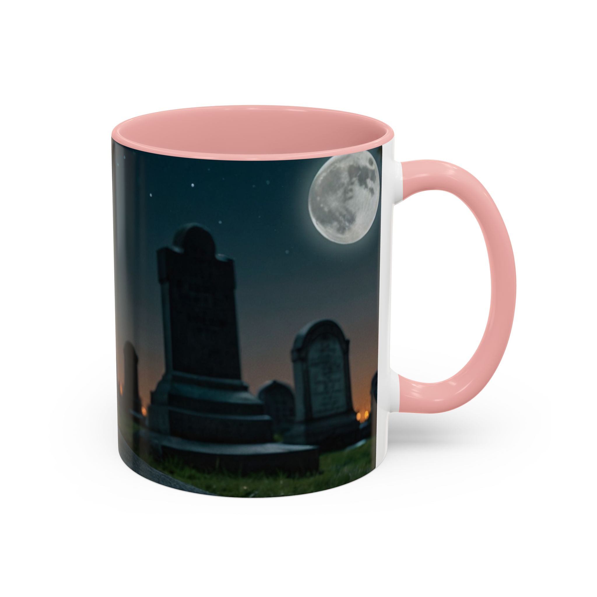 Spooky Black Cat Accent Coffee Mug in graveyard at night with full moon halloween