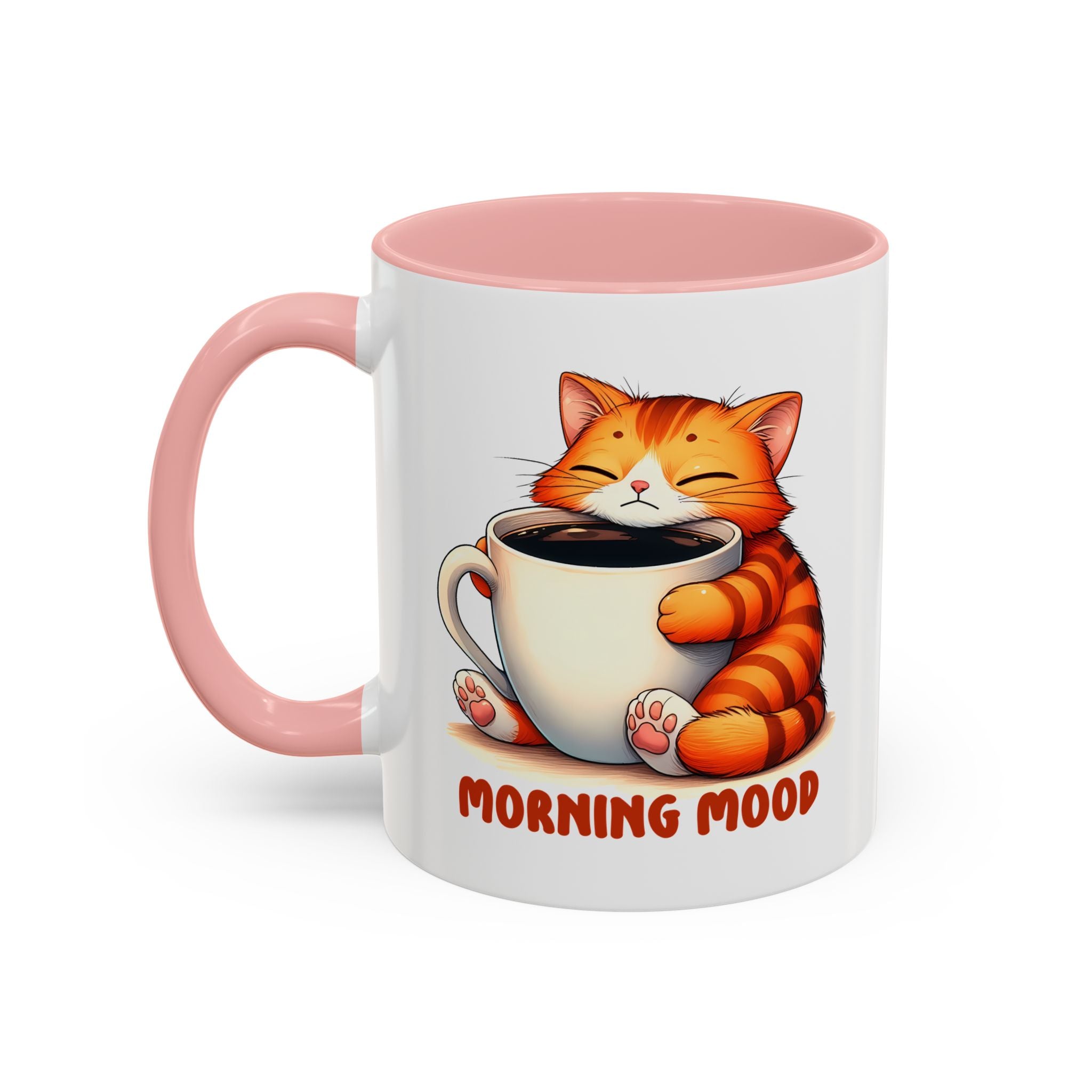 Morning Mood Cat Coffee Mug — Cute Orange Cat Holding Cup (11/15oz)