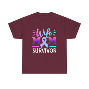 Wife Mom Survivor Tee, Unisex Heavy Cotton Tee, Cancer Awareness Shirt, Gift for Survivors, Inspirational Mom Shirt
