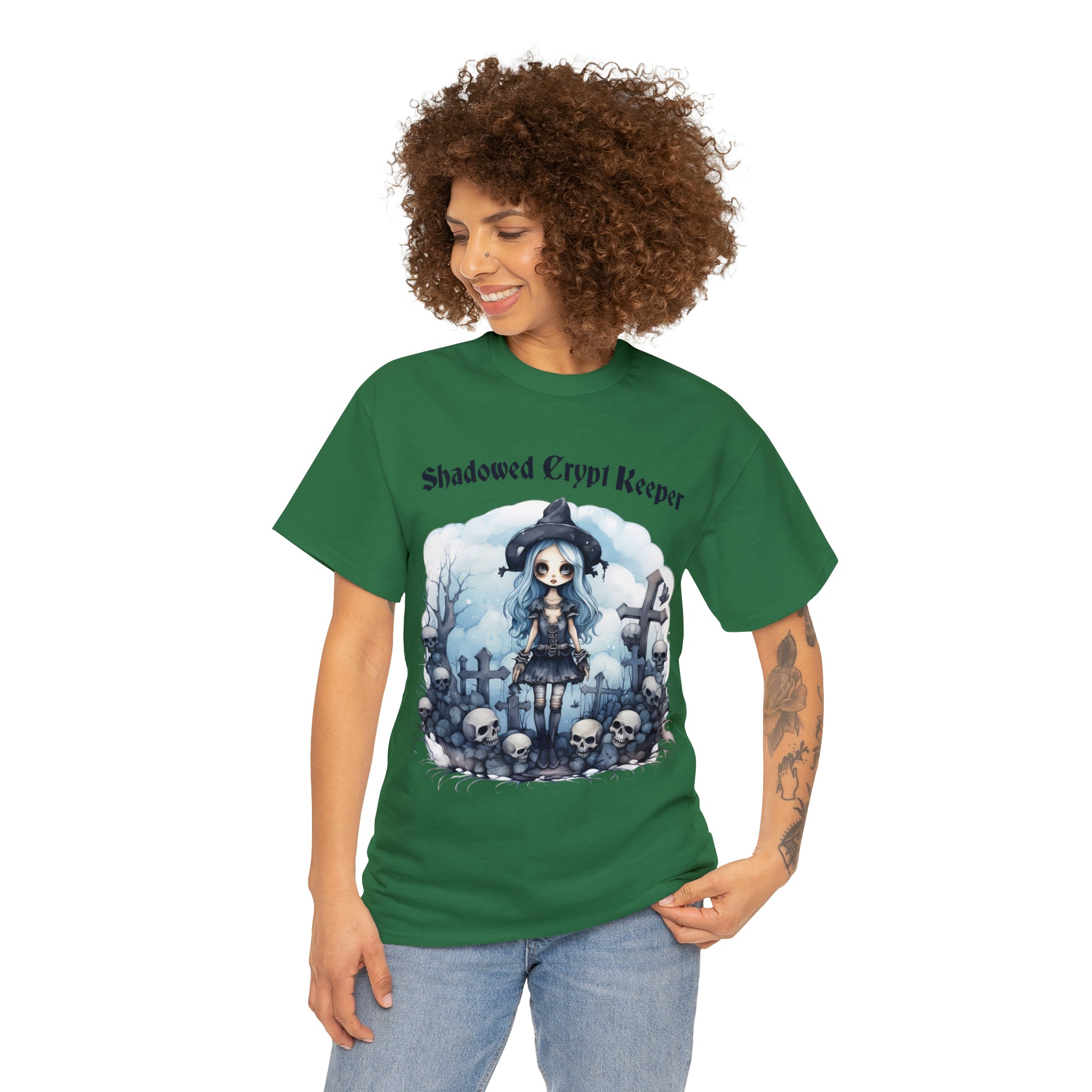 Halloween t shirt gothic shadowed crypt keeper girl gift for her fall fun stocking stuffer too Unisex Heavy Cotton Tee