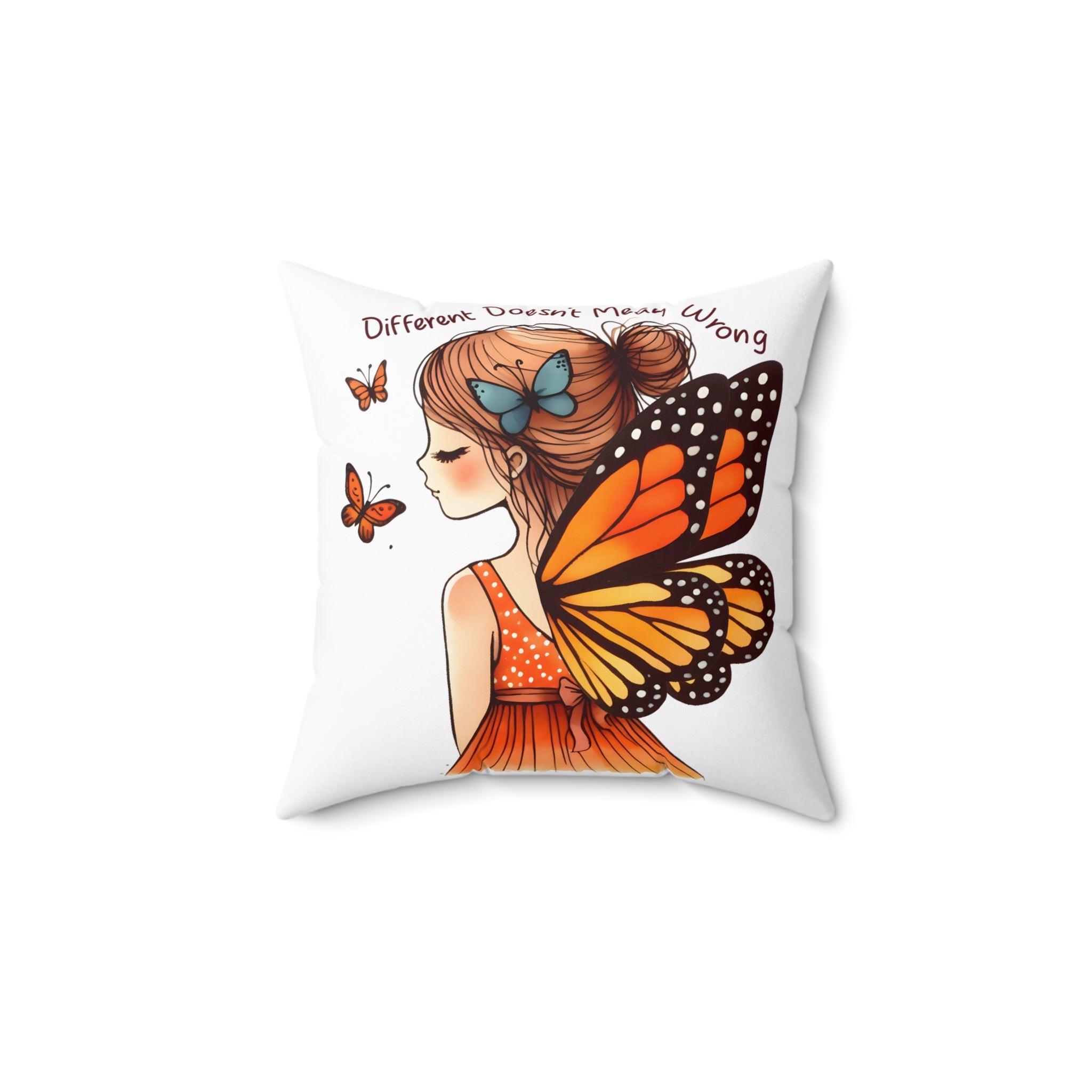 Monarch Butterfly Girl Decorative Pillow — 'Different, Beautiful, Never Wrong' Accent Cushion