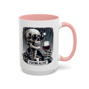 Stylish Skull Coffee Mug, Gothic Drinkware, Staying Alive Gift for Halloween, Funny Office Mug, Alternative Drinkware