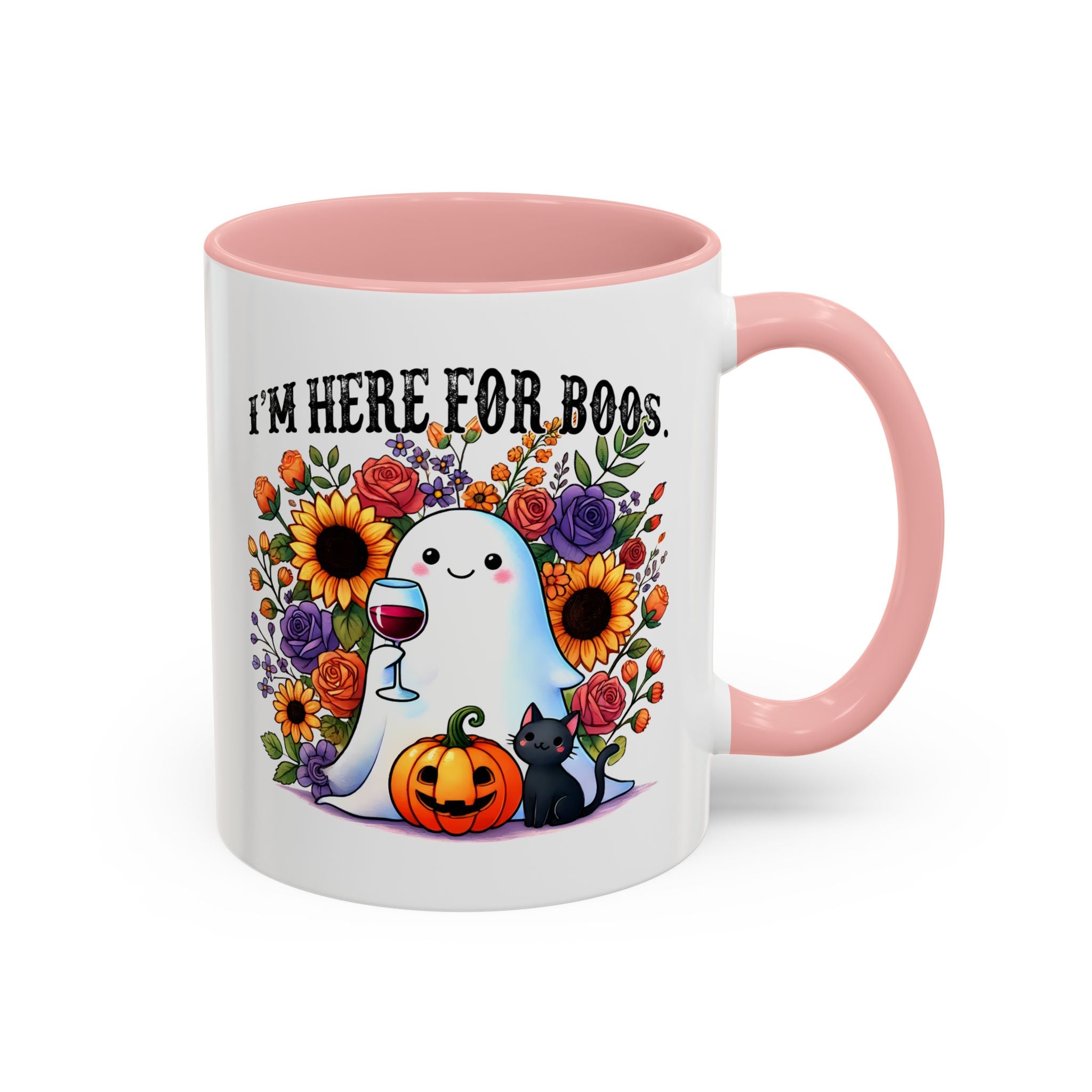Spooky Floral Coffee Mug - I'm Here for Boos, Halloween Gift, Autumn Decor, Cute Ghost Mug, Cat Lover Drinkware
