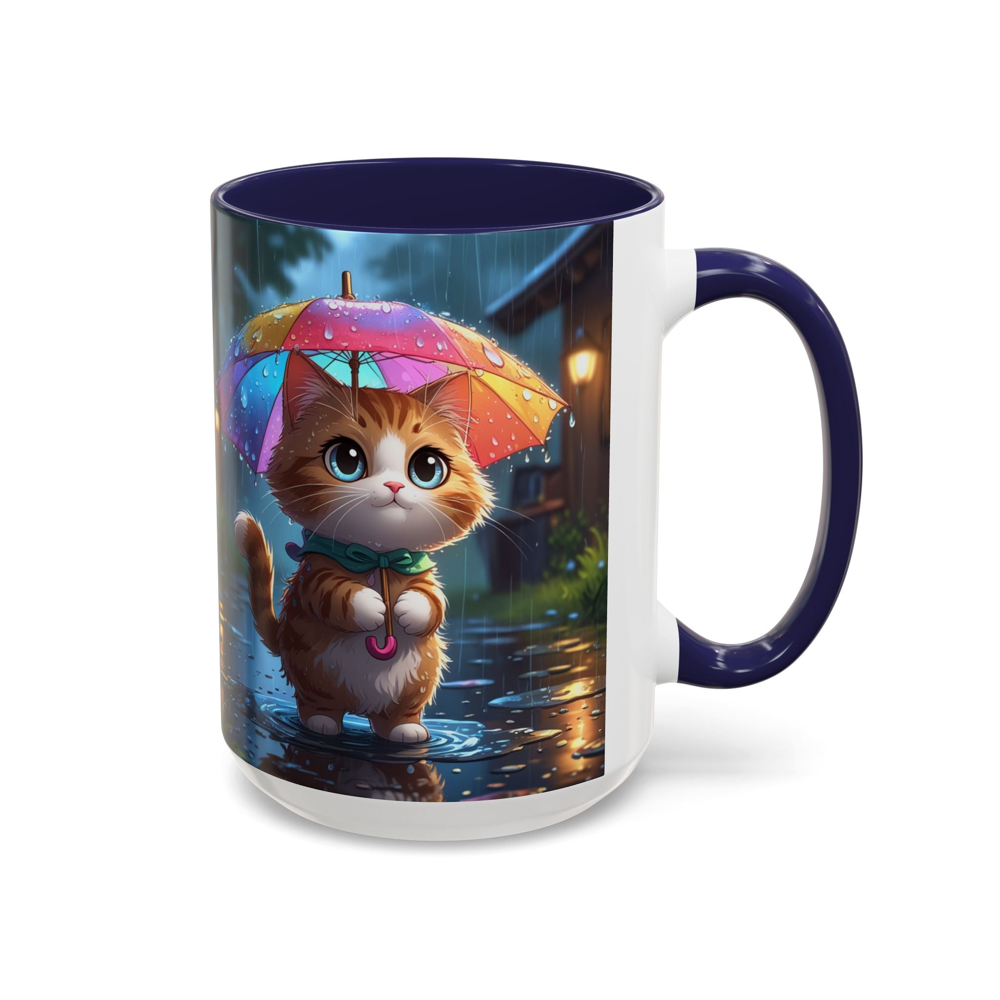 Cute Rainy Day Cat Mug — Kawaii Kitten with Rainbow Umbrella Coffee Cup (11/15oz)