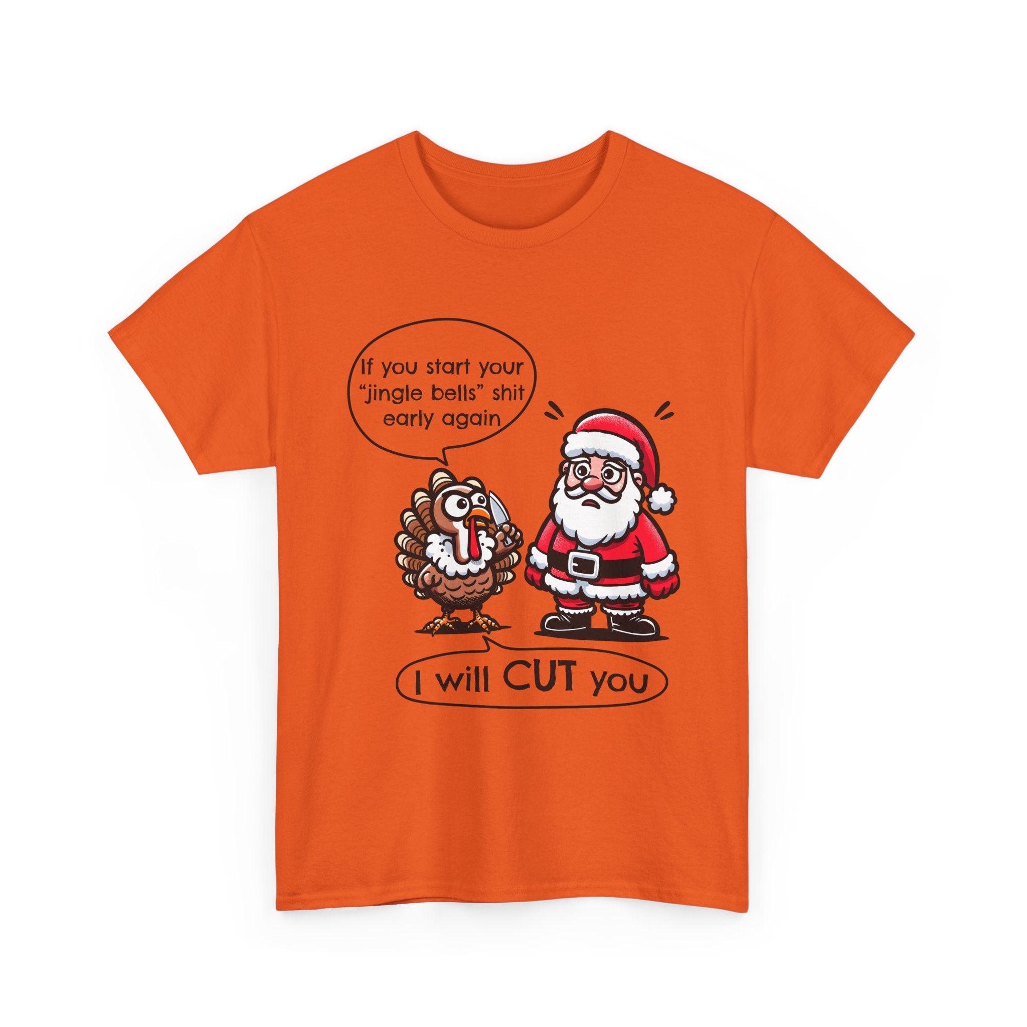 Funny Holiday Tee: 'I Will CUT You' Santa & Turkey Design, Christmas Gift, Unisex Cotton Shirt, Thanksgiving Humor, Festive Apparel