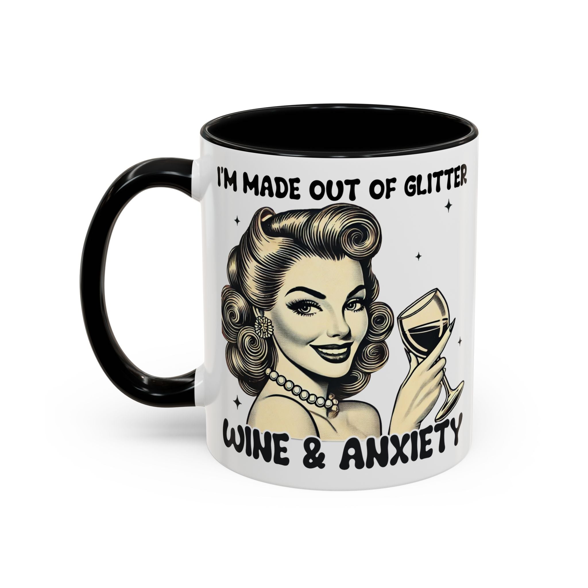 Wine & Anxiety Coffee Mug — "I'm Made Out of Glitter, Wine & Anxiety" Retro Accent Mug