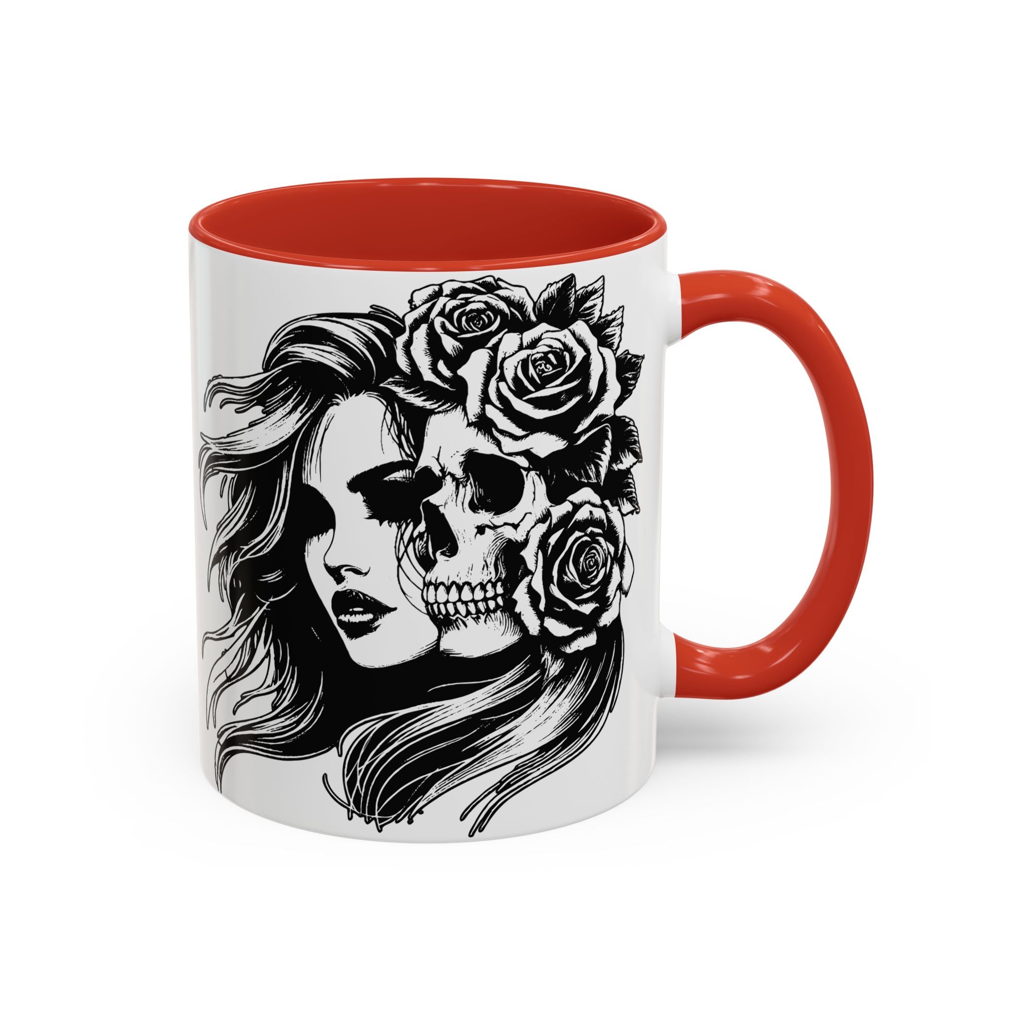 Skull & Rose Accent Coffee Mug — Gothic Half-Skull Woman 11/15oz