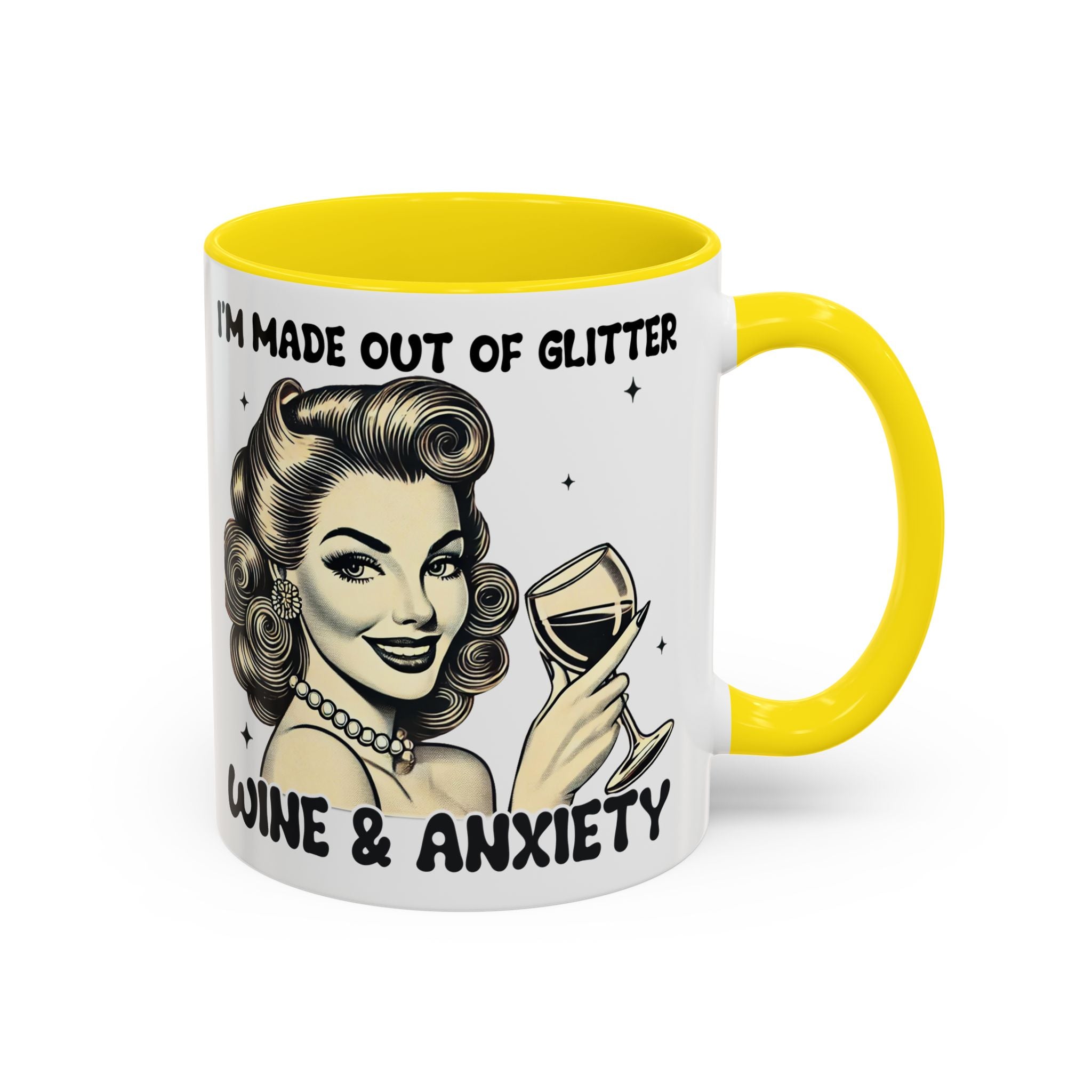 Wine & Anxiety Coffee Mug — "I'm Made Out of Glitter, Wine & Anxiety" Retro Accent Mug