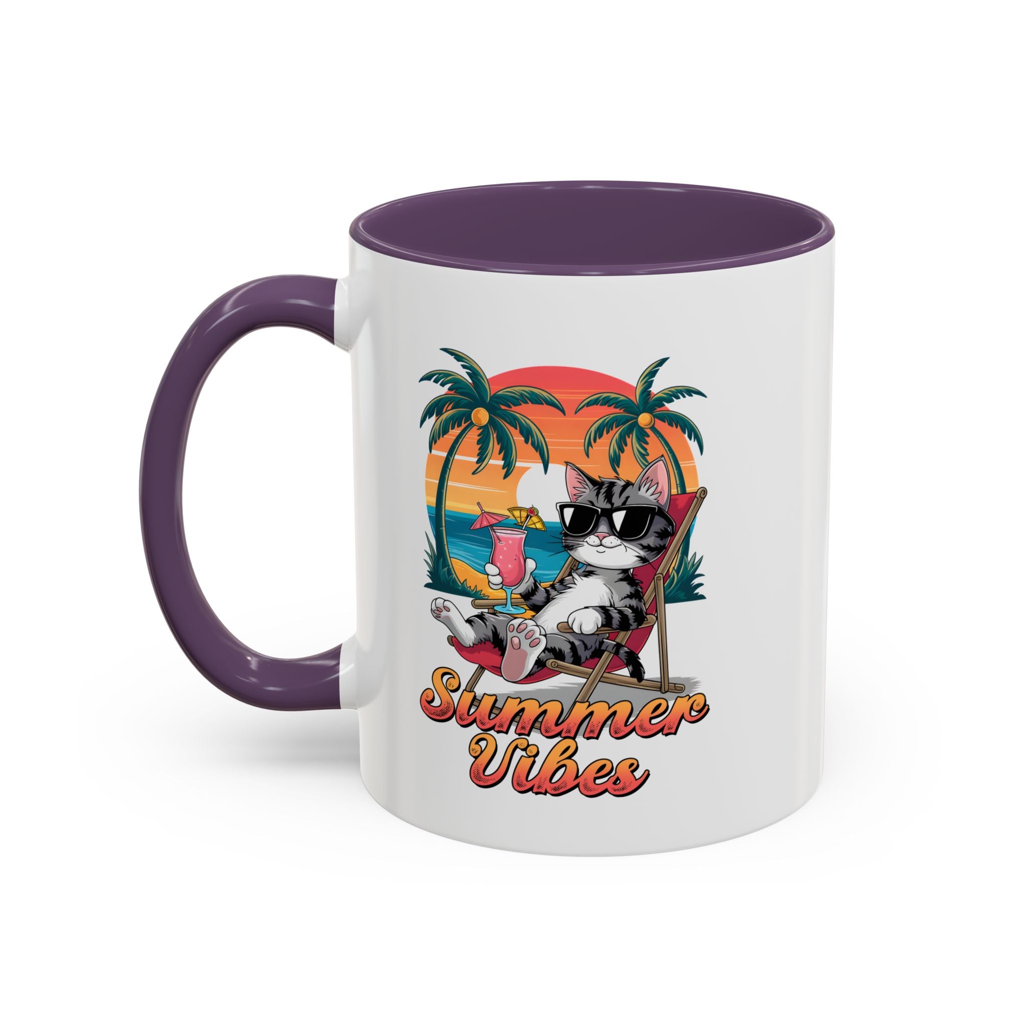 Summer Vibes Coffee Mug, Tropical Cat Mug, Beach Lover Gift, Fun Animal Sipware, Vacation-themed Drinkware, Pet Lover Cup