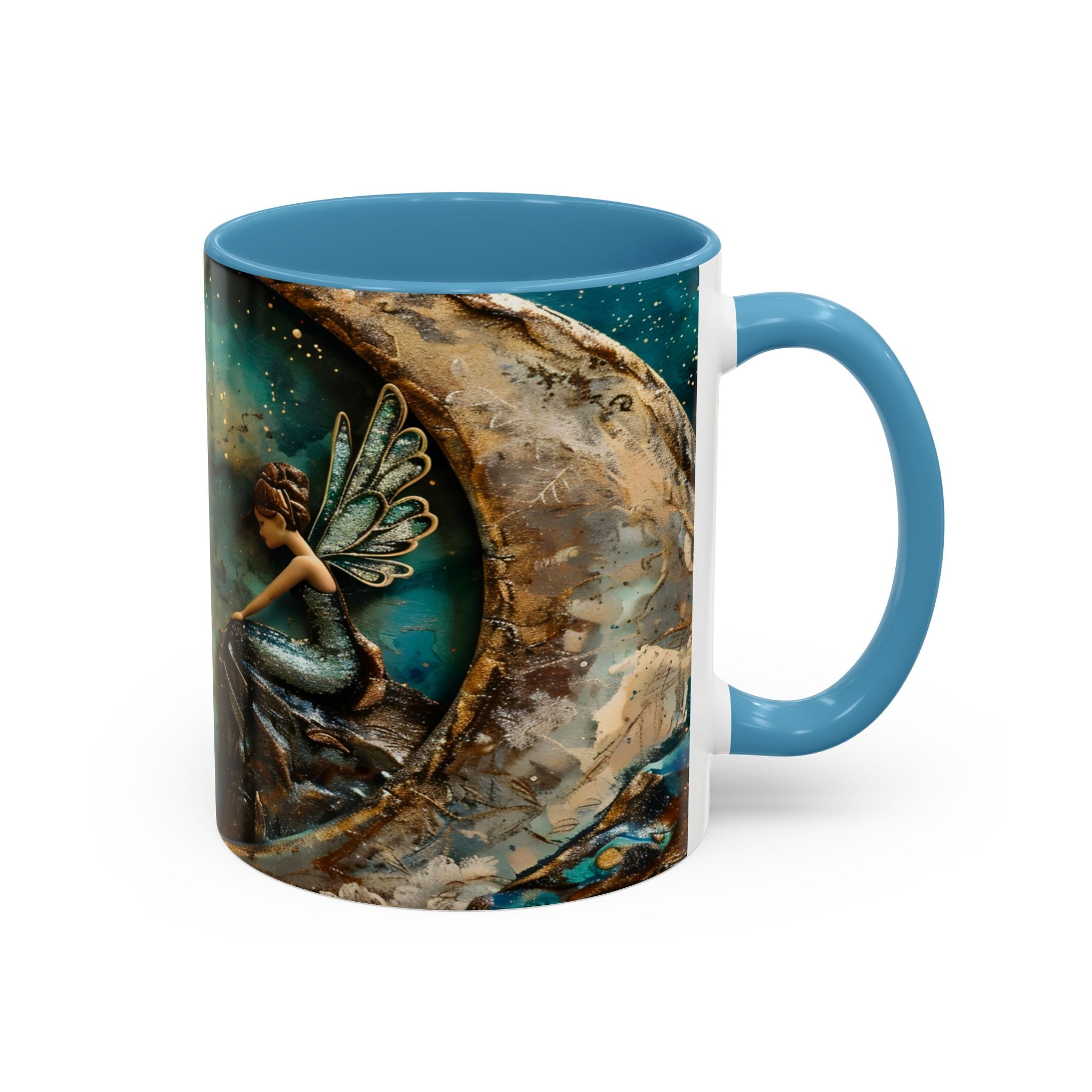 Fairy on the Moon Accent Coffee Mug – Mystical Teal Celestial Ceramic Mug (11/15oz) fantasy