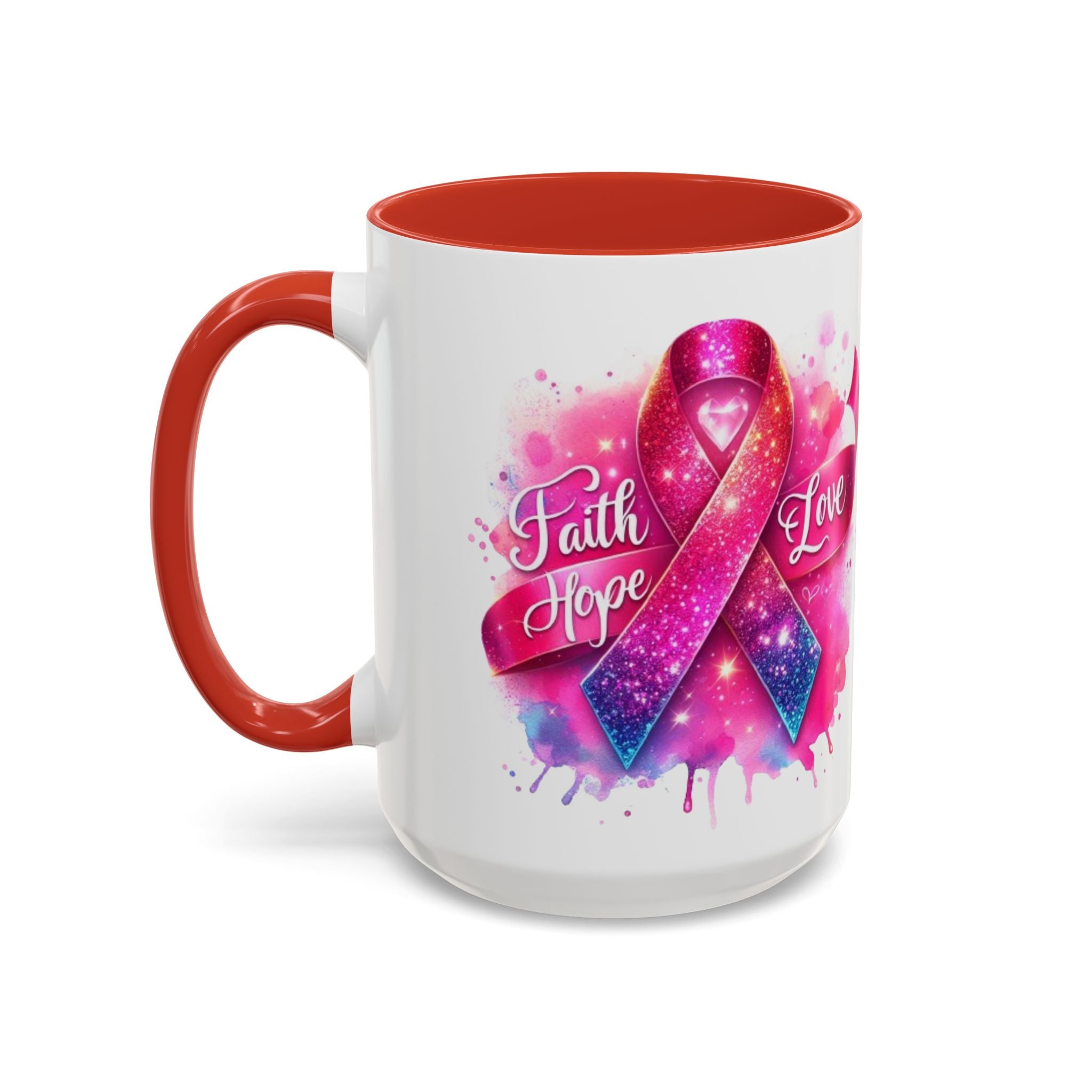 Inspirational Ribbon Coffee Mug - Faith, Hope, Love, Support, Gift for Cancer Awareness, Breast Cancer, Encouragement, Motivational
