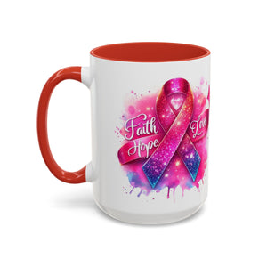 Inspirational Ribbon Coffee Mug - Faith, Hope, Love, Support, Gift for Cancer Awareness, Breast Cancer, Encouragement, Motivational
