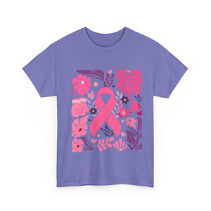 Pink Ribbon Awareness Tee, Flower Power Shirt, Support Breast Cancer, Unisex Cotton T-shirt, Thoughtful Gift for Her