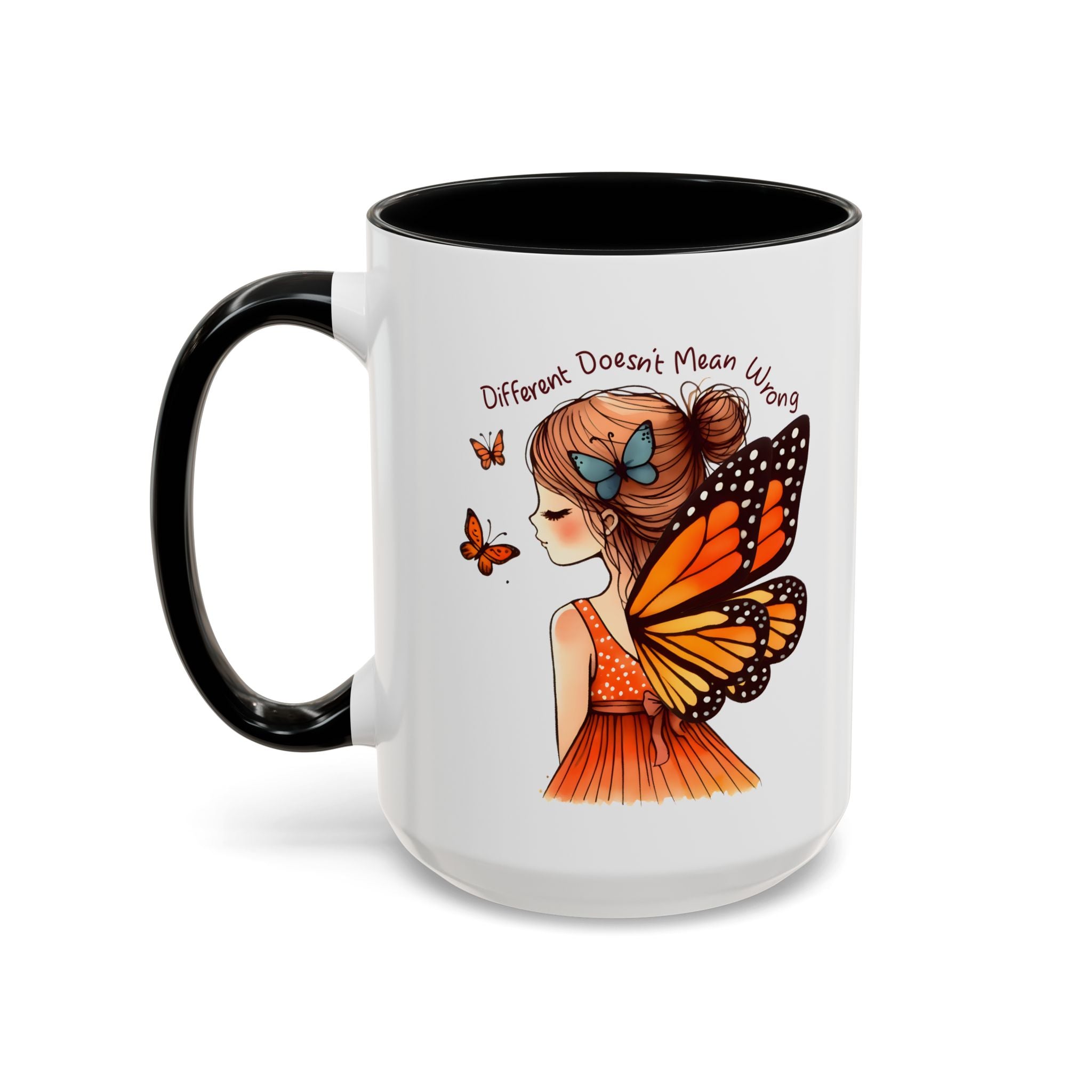 Butterfly Girl Accent Coffee Mug – "Different Doesn't Mean Wrong" Inspirational Tea Mug