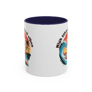 Surfing Cat Coffee Mug - High Tides & Good Vibes - Beach Lover Gift animal lover funny