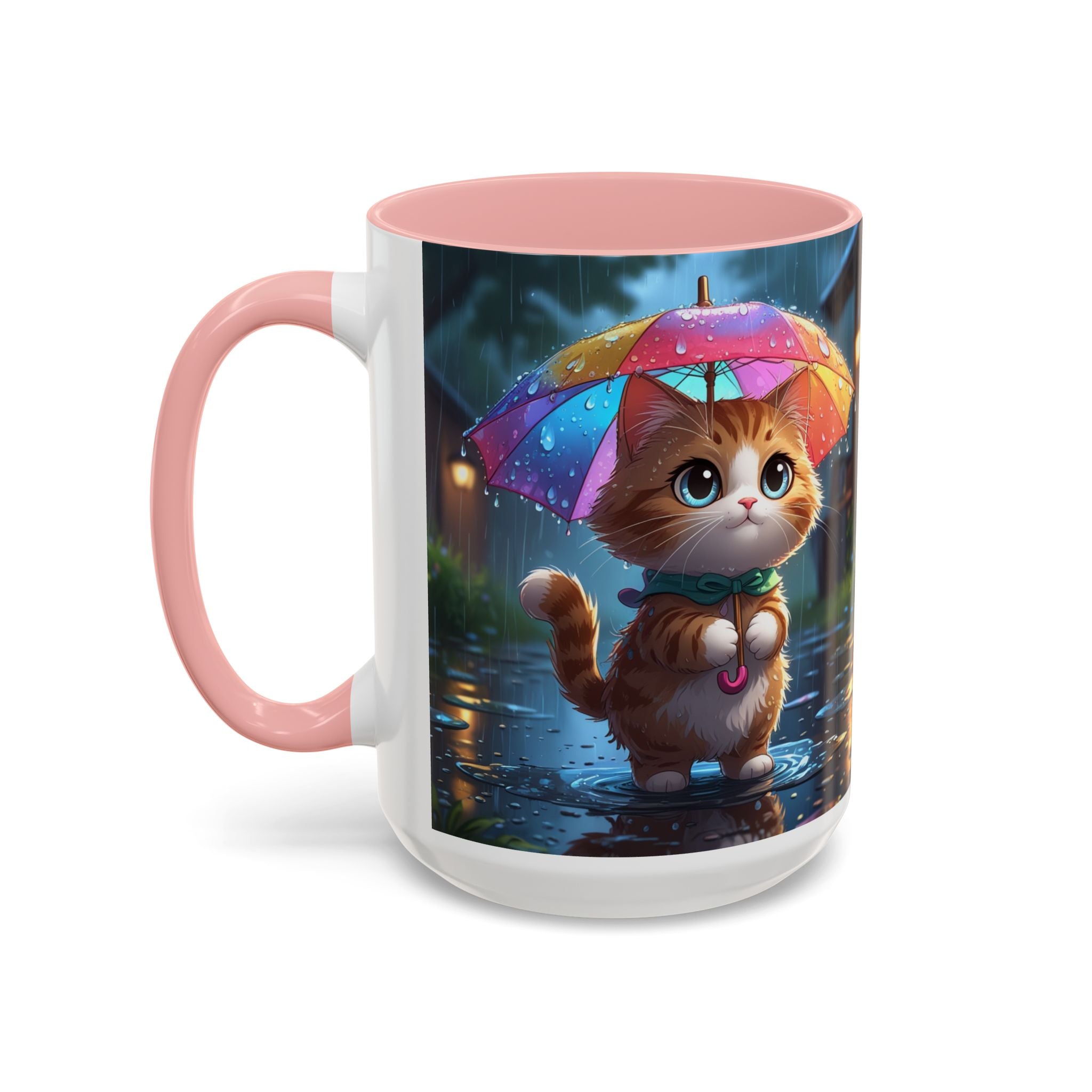 Cute Rainy Day Cat Mug — Kawaii Kitten with Rainbow Umbrella Coffee Cup (11/15oz)