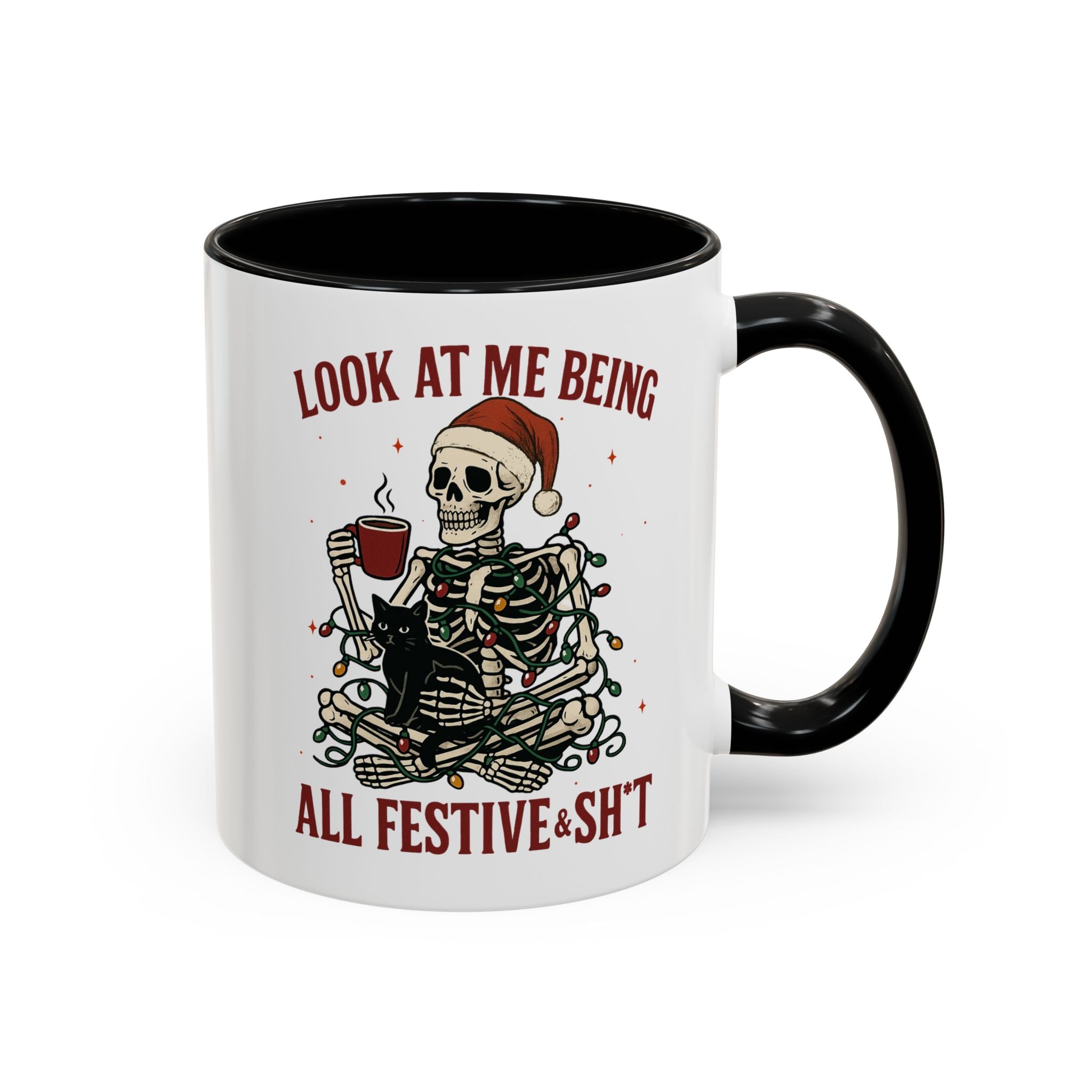 Festive Skeleton Coffee Mug, Unique Holiday Gift, Halloween Decor, Cat Lover's Mug, Funny Gift for Friends