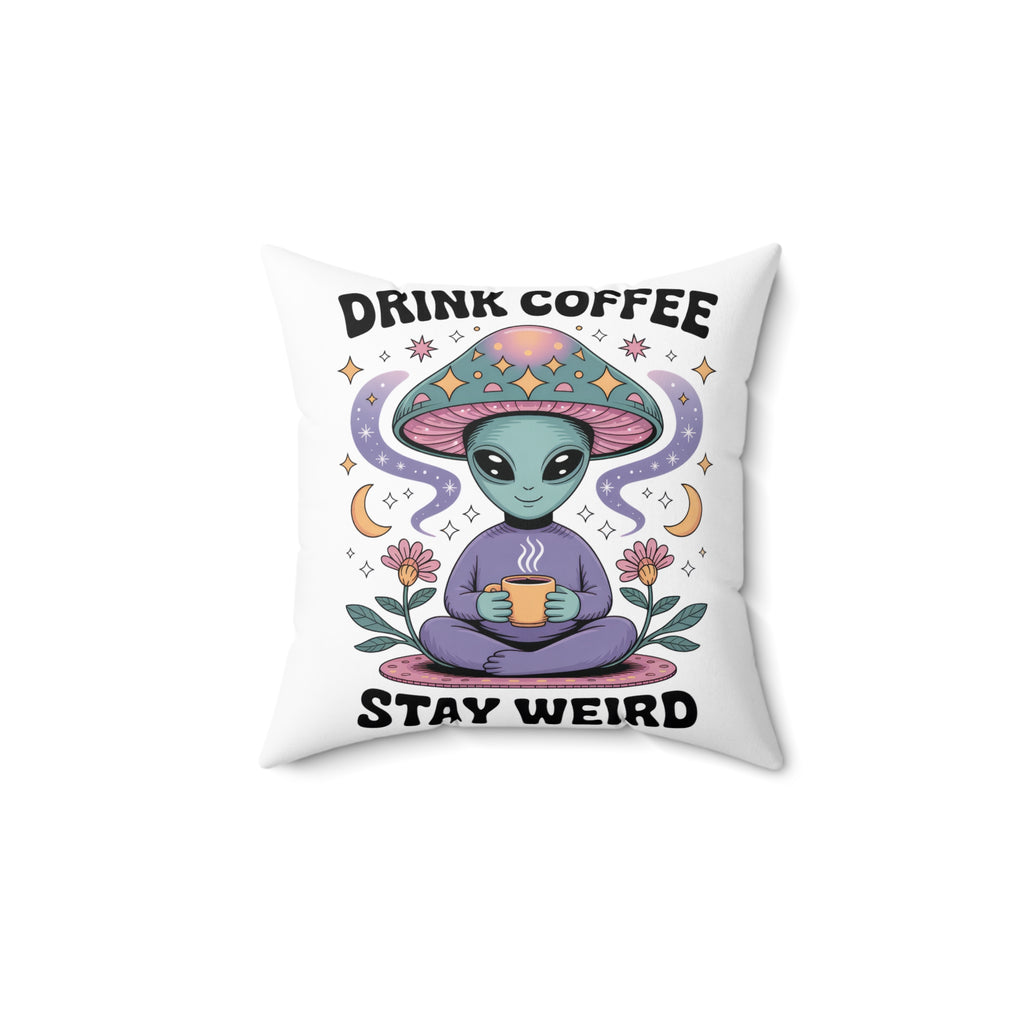 Alien Mushroom Pillow — "Drink Coffee, Stay Weird" Decorative Throw Pillow
