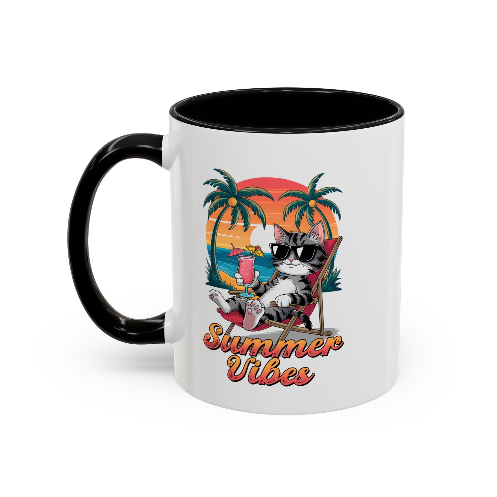 Summer Vibes Coffee Mug, Tropical Cat Mug, Beach Lover Gift, Fun Animal Sipware, Vacation-themed Drinkware, Pet Lover Cup