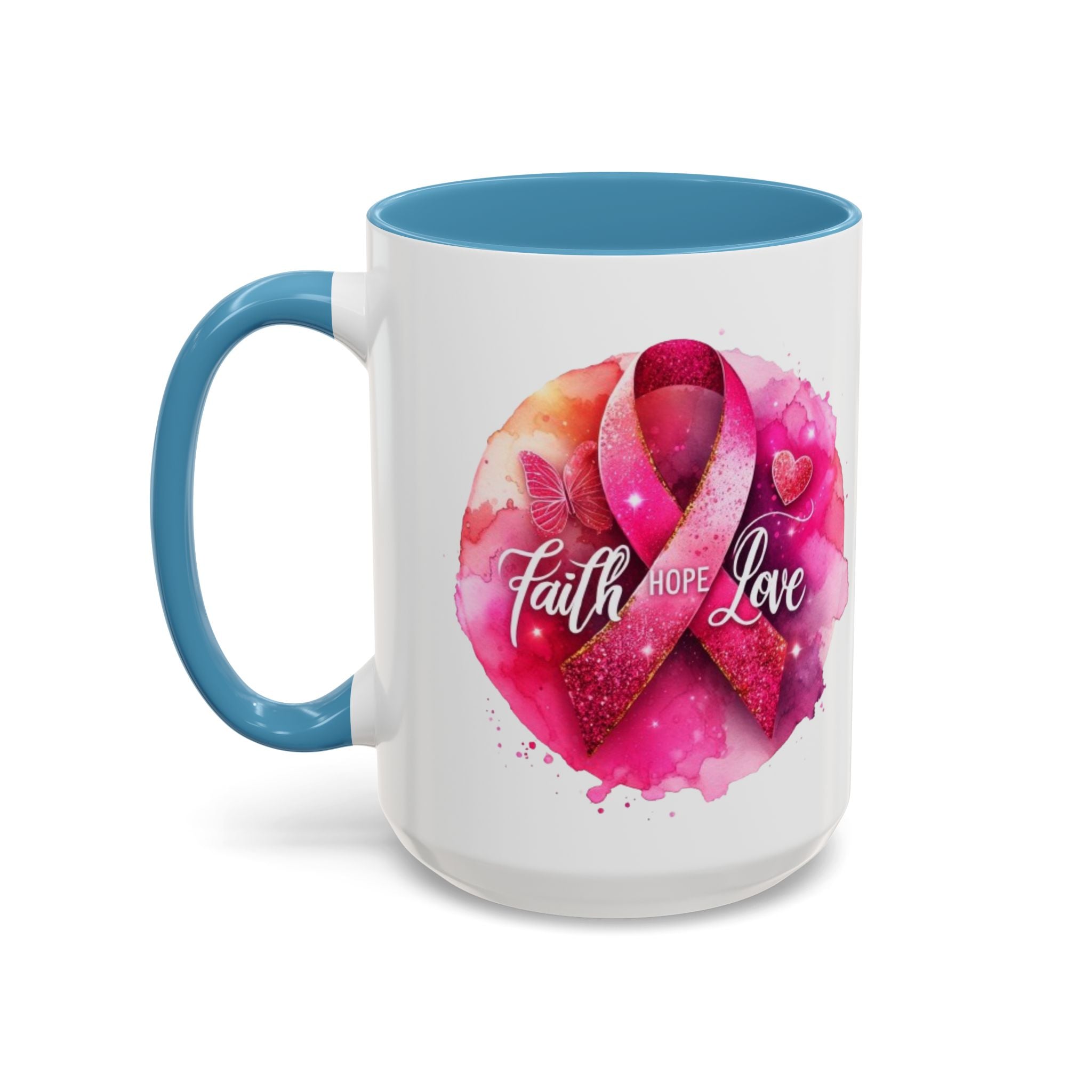 Inspirational Accent Coffee Mug with Pink Ribbon Design, Faith Hope Love Gift, Cancer Awareness Mug, Supportive Drinkware, Meaningful [...]