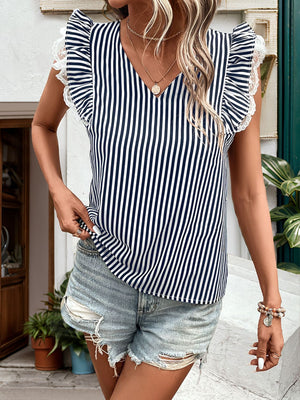 Perfee Lace Detail Ruffled Striped V-Neck Cap Sleeve Blouse