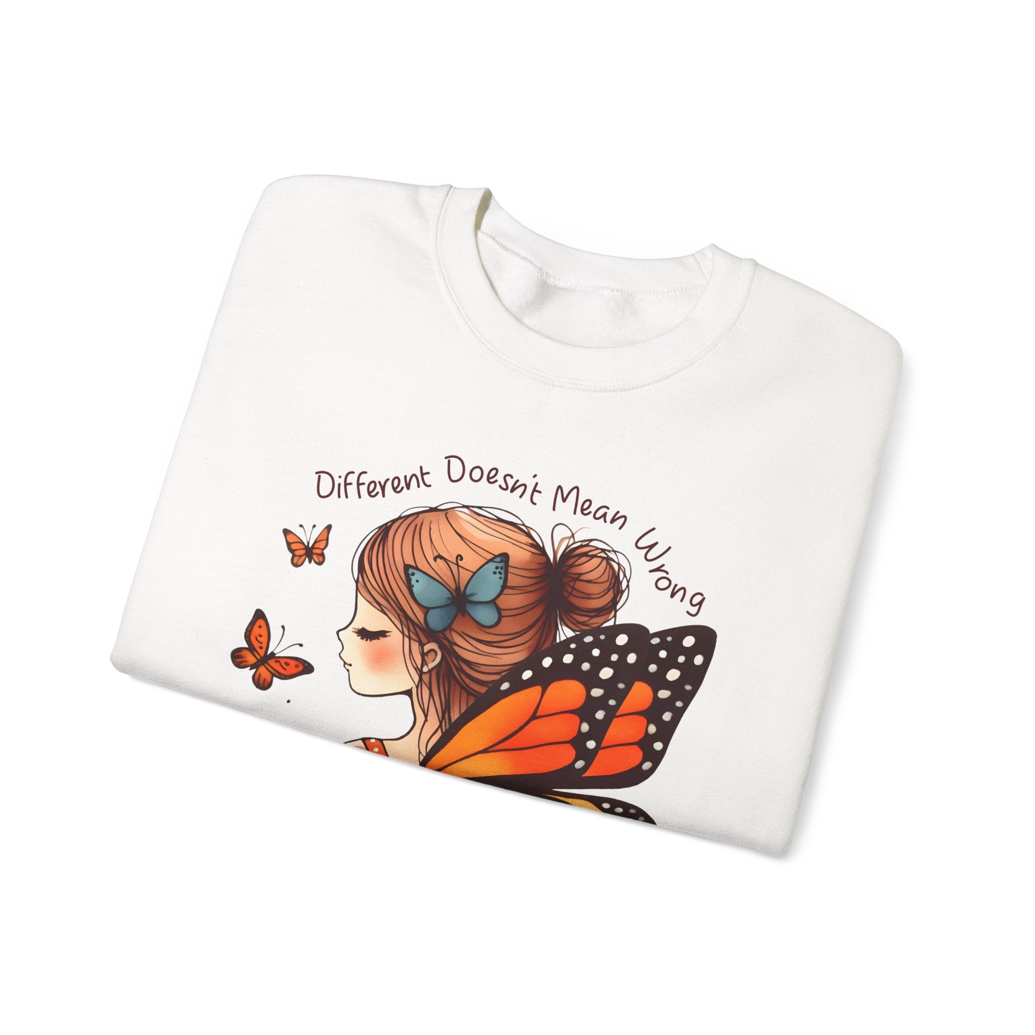 Butterfly Girl Crewneck Sweatshirt — "Different Doesn’t Mean Wrong" Graphic