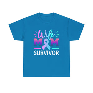 Wife Mom Survivor Tee, Unisex Heavy Cotton Tee, Cancer Awareness Shirt, Gift for Survivors, Inspirational Mom Shirt