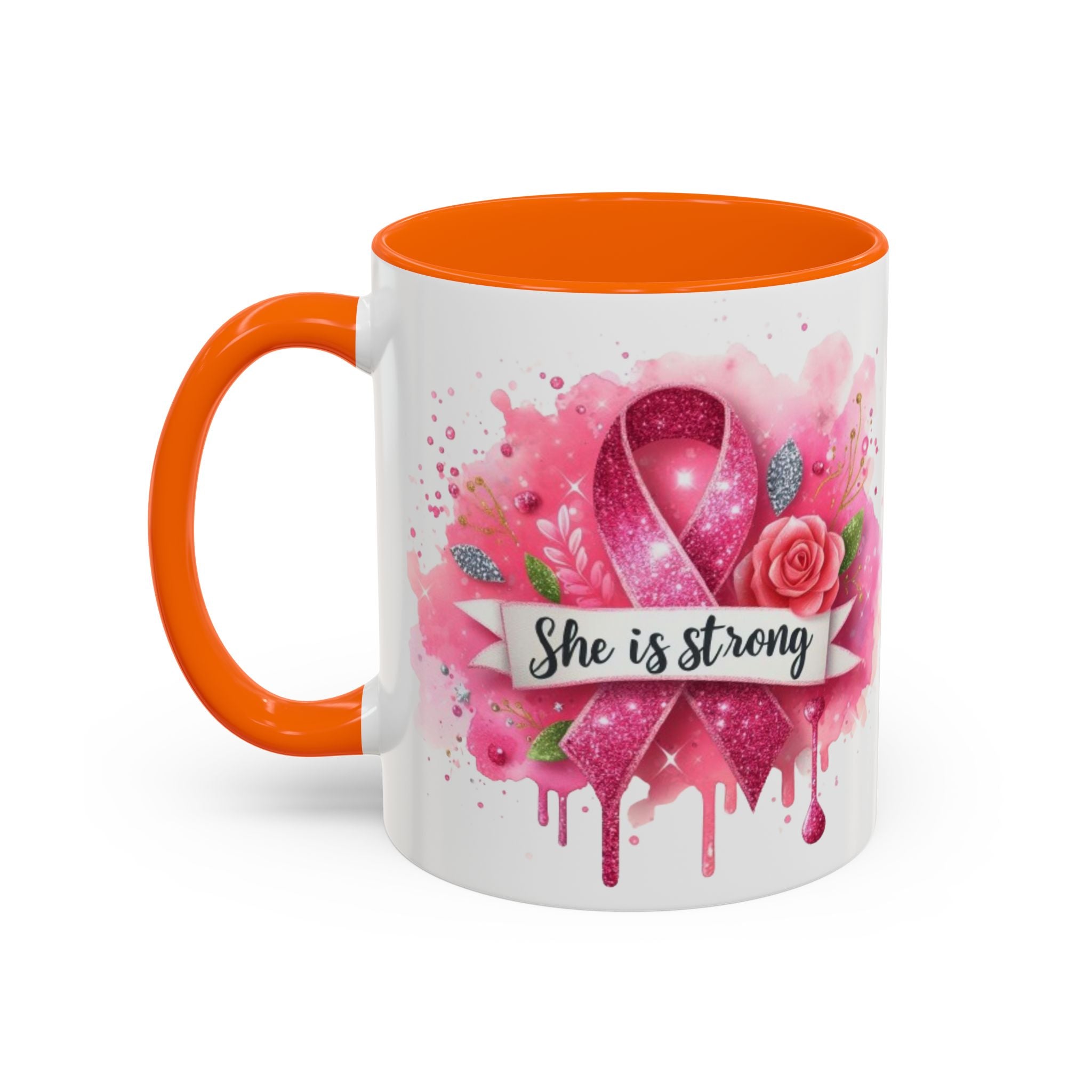 Empowering Pink Ribbon Coffee Mug - She Is Strong, Inspirational Gift for Breast Cancer Awareness, Motivational Drinkware, Supportive [...]