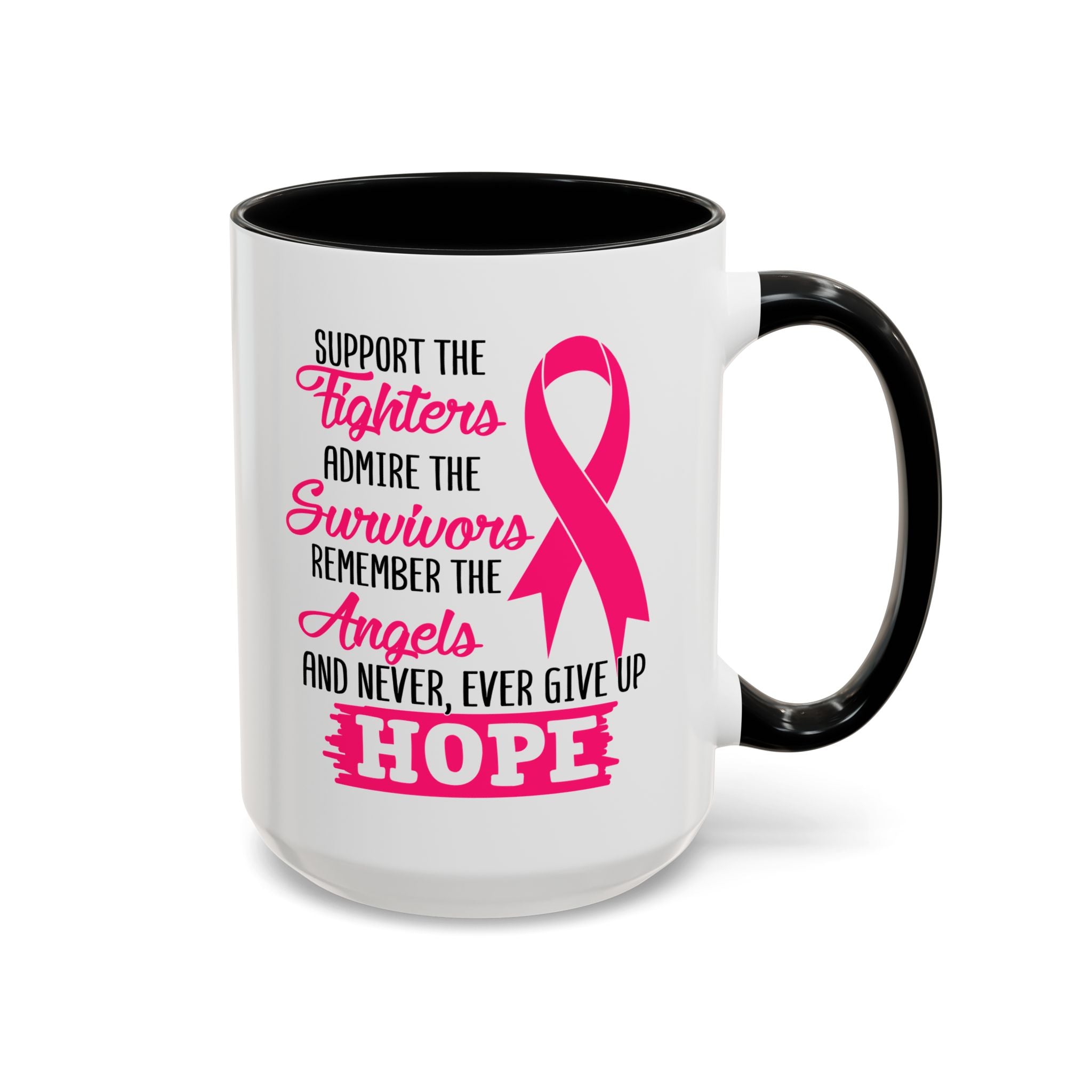 Inspirational Pink Ribbon Coffee Mug: Support Fighters, Admire Survivors, Celebrate Hope, Gift for Cancer Awareness, Motivational Mug