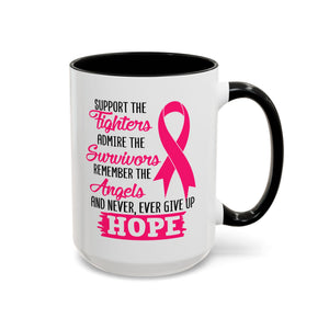 Inspirational Pink Ribbon Coffee Mug: Support Fighters, Admire Survivors, Celebrate Hope, Gift for Cancer Awareness, Motivational Mug