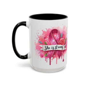 Empowering Pink Ribbon Coffee Mug - She Is Strong, Inspirational Gift for Breast Cancer Awareness, Motivational Drinkware, Supportive [...]