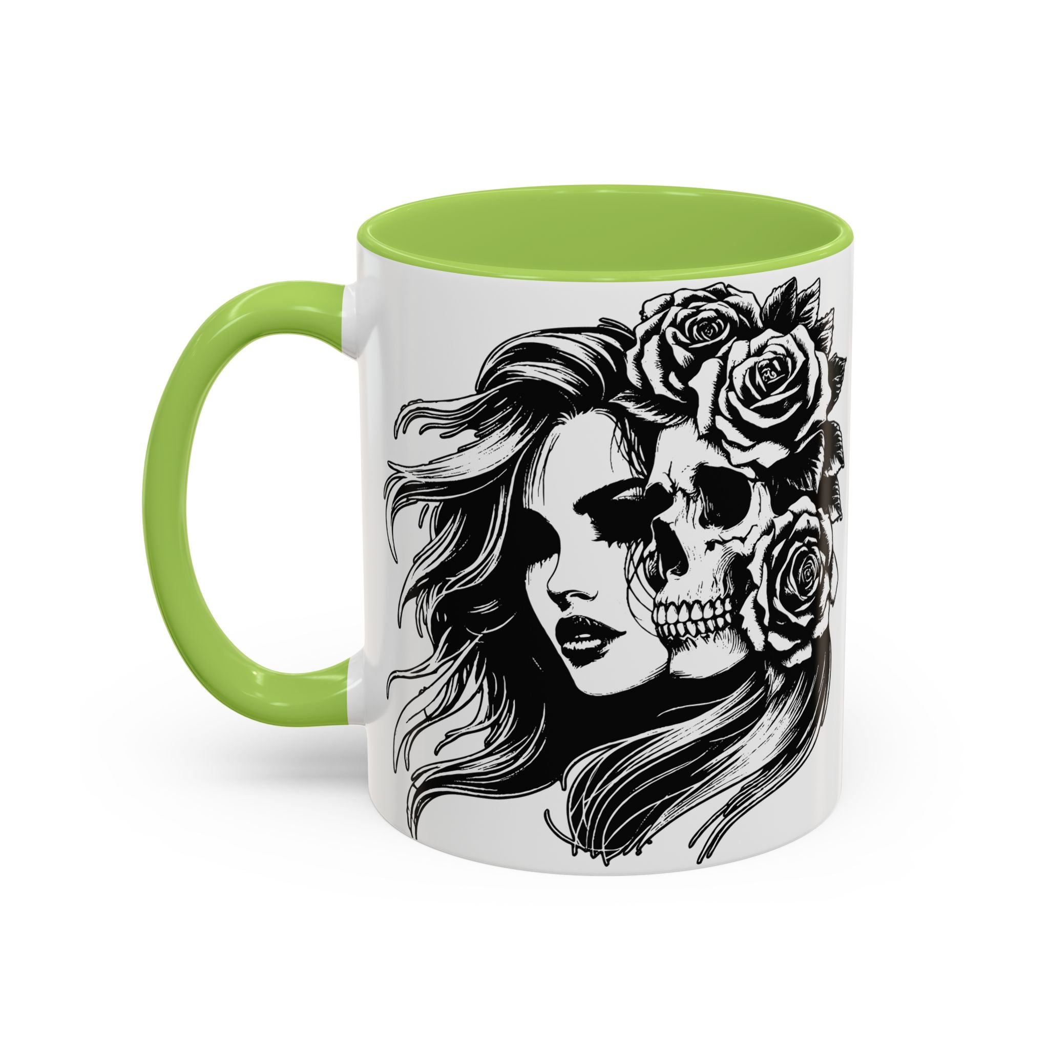 Skull & Rose Accent Coffee Mug — Gothic Half-Skull Woman 11/15oz