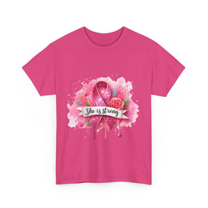 Unisex Heavy Cotton Tee - "She is Strong" Breast Cancer Awareness Shirt, Inspirational Tee, Gift for Her, Supportive Apparel, [...]