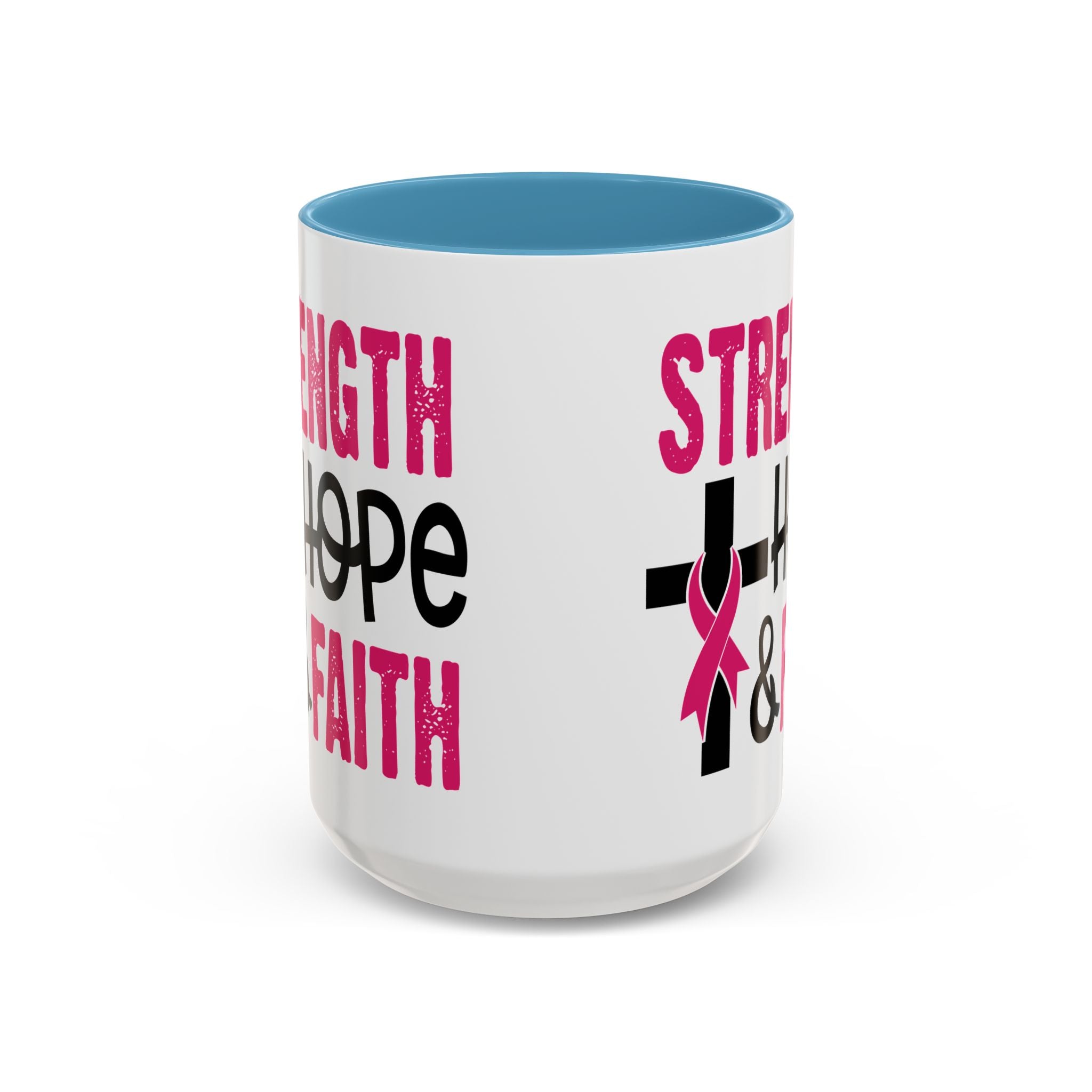 Inspirational Coffee Mug - Strength, Hope, Faith, Pink Ribbon, Christian Gifts, Motivational Drinkware, Breast Cancer Awareness