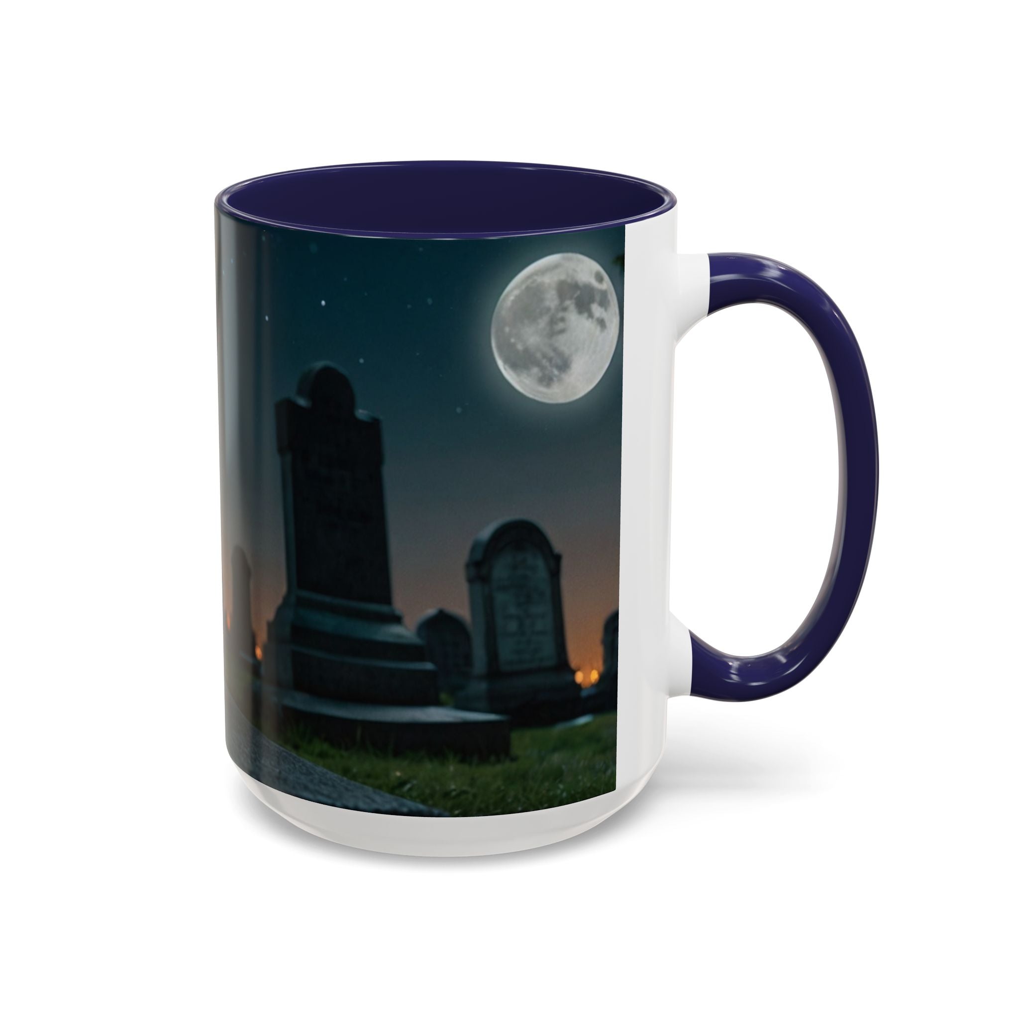 Spooky Black Cat Accent Coffee Mug in graveyard at night with full moon halloween