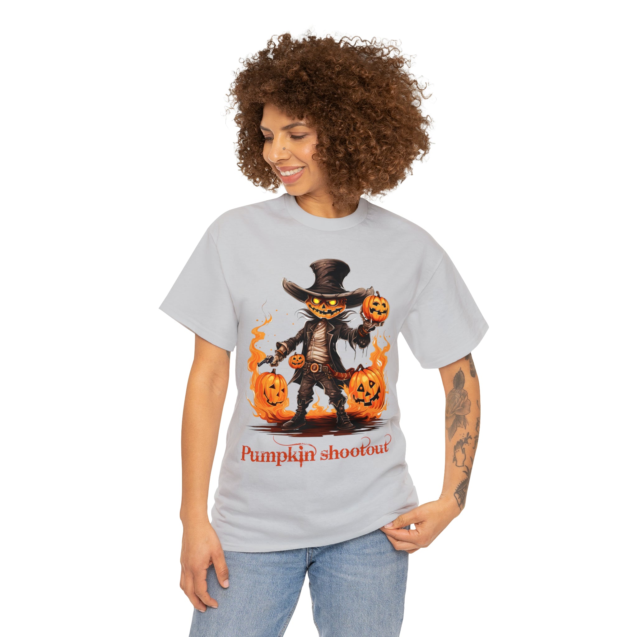 Halloween t shirt pumpkin western style shootout funny fall fun scary stocking stuffer for whole family  cotton tee