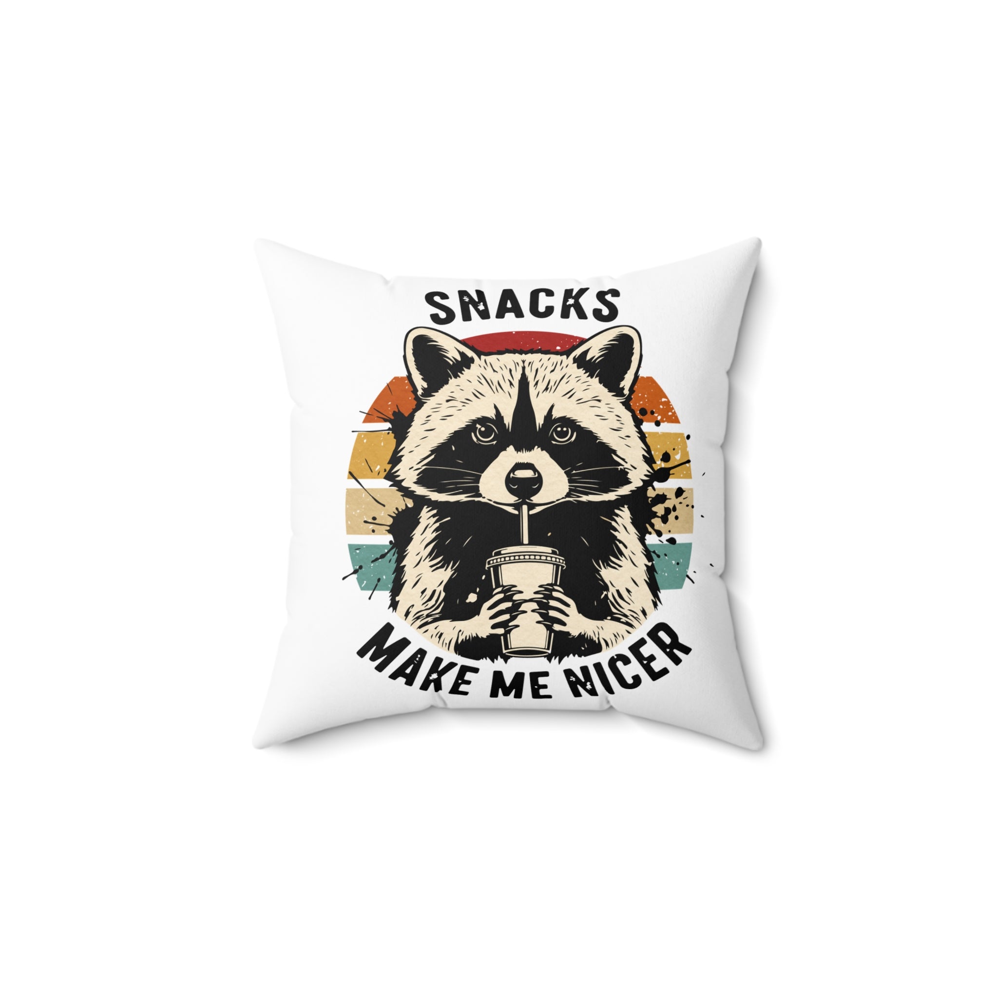 Raccoon 'Snacks Make Me Nicer' Throw Pillow - Retro Cute Decorative Cushion