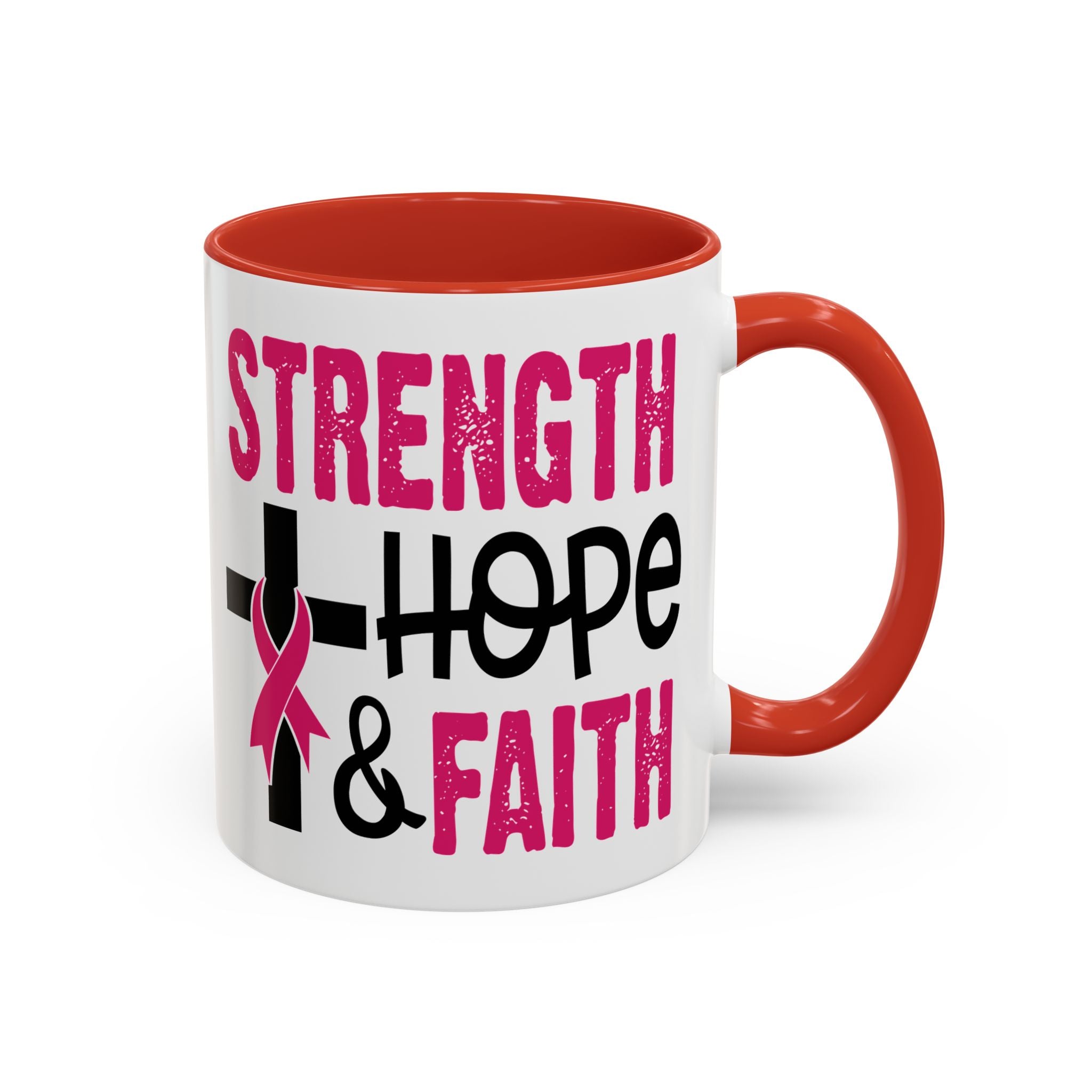 Inspirational Coffee Mug - Strength, Hope, Faith, Pink Ribbon, Christian Gifts, Motivational Drinkware, Breast Cancer Awareness