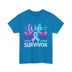 Wife Mom Survivor Tee, Unisex Heavy Cotton Tee, Cancer Awareness Shirt, Gift for Survivors, Inspirational Mom Shirt