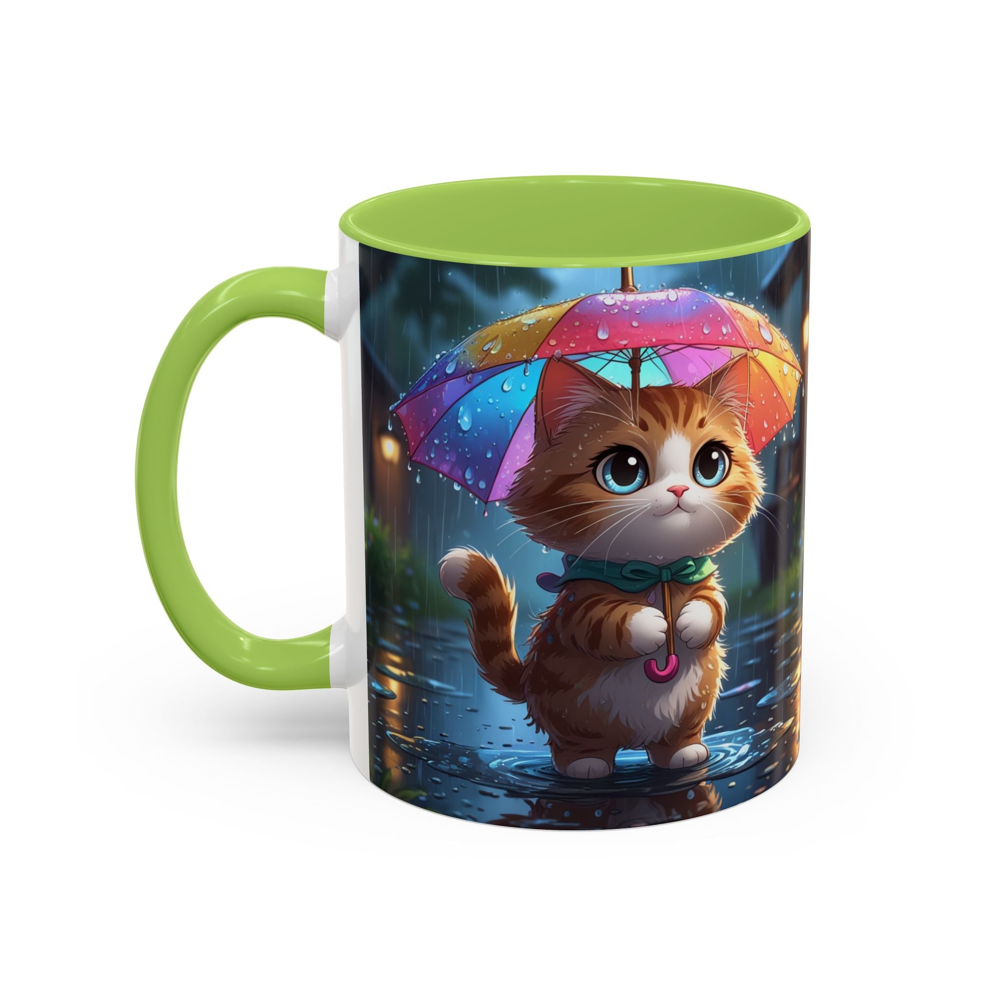 Cute Rainy Day Cat Mug — Kawaii Kitten with Rainbow Umbrella Coffee Cup (11/15oz)