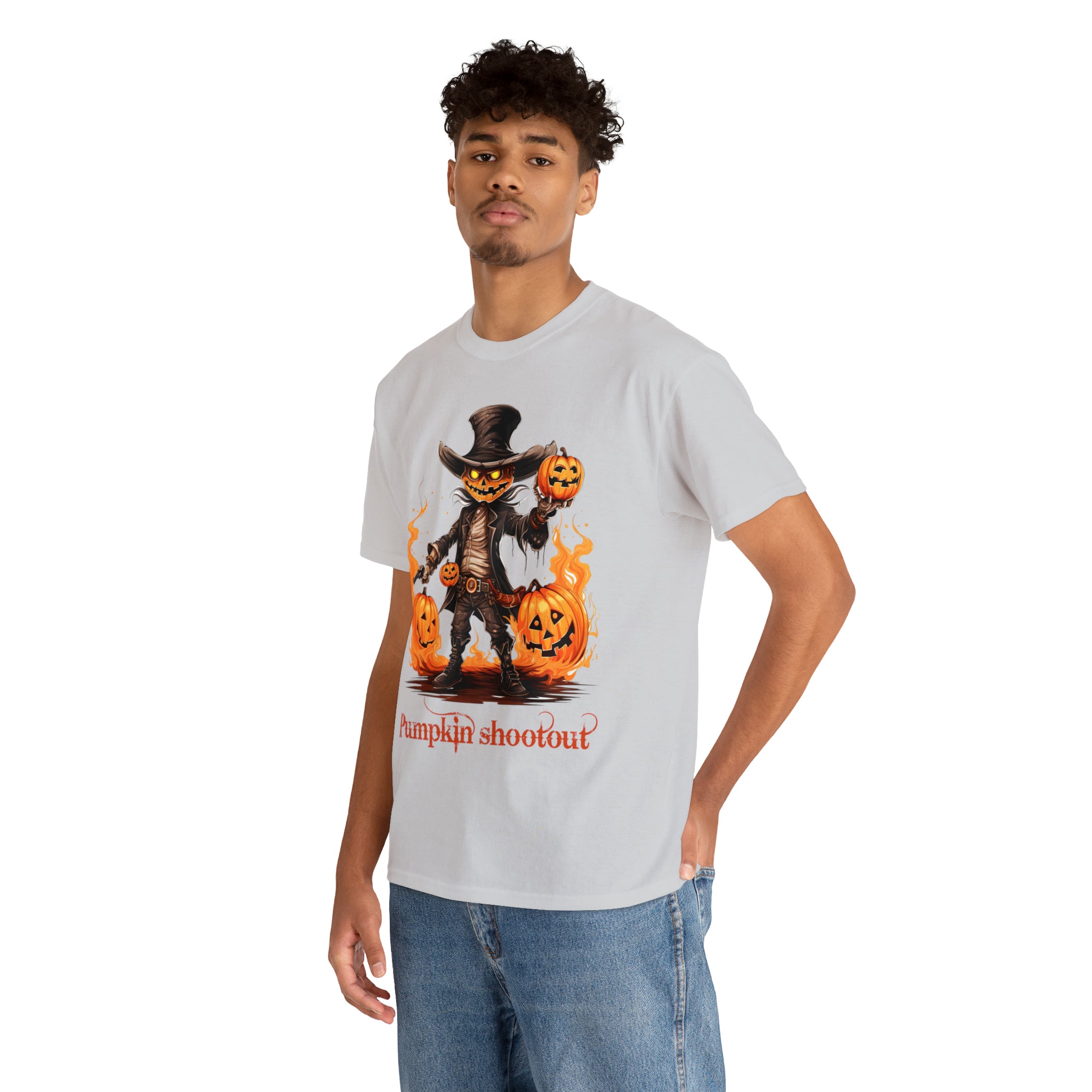 Halloween t shirt pumpkin western style shootout funny fall fun scary stocking stuffer for whole family  cotton tee